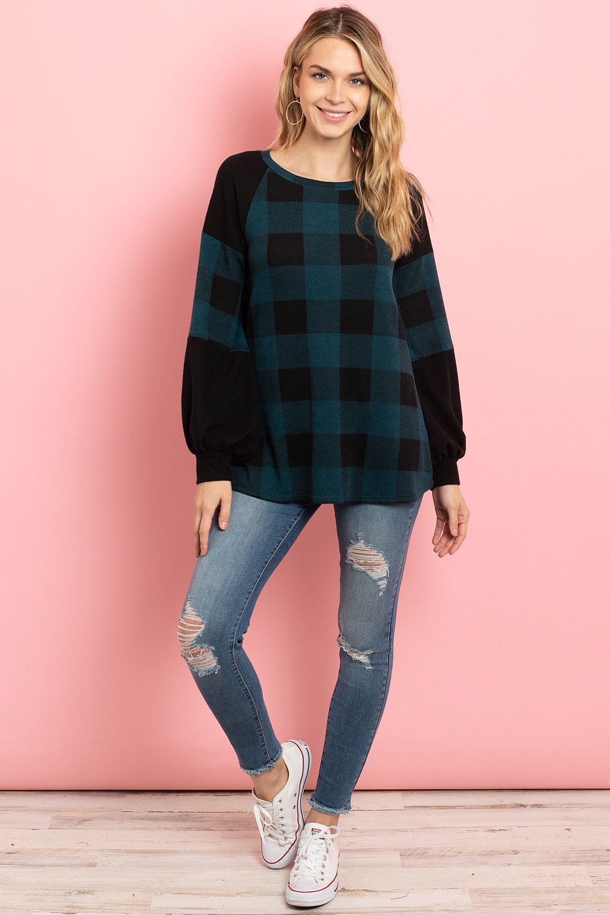 Solid Contrast Puff Sleeves Plaid Top