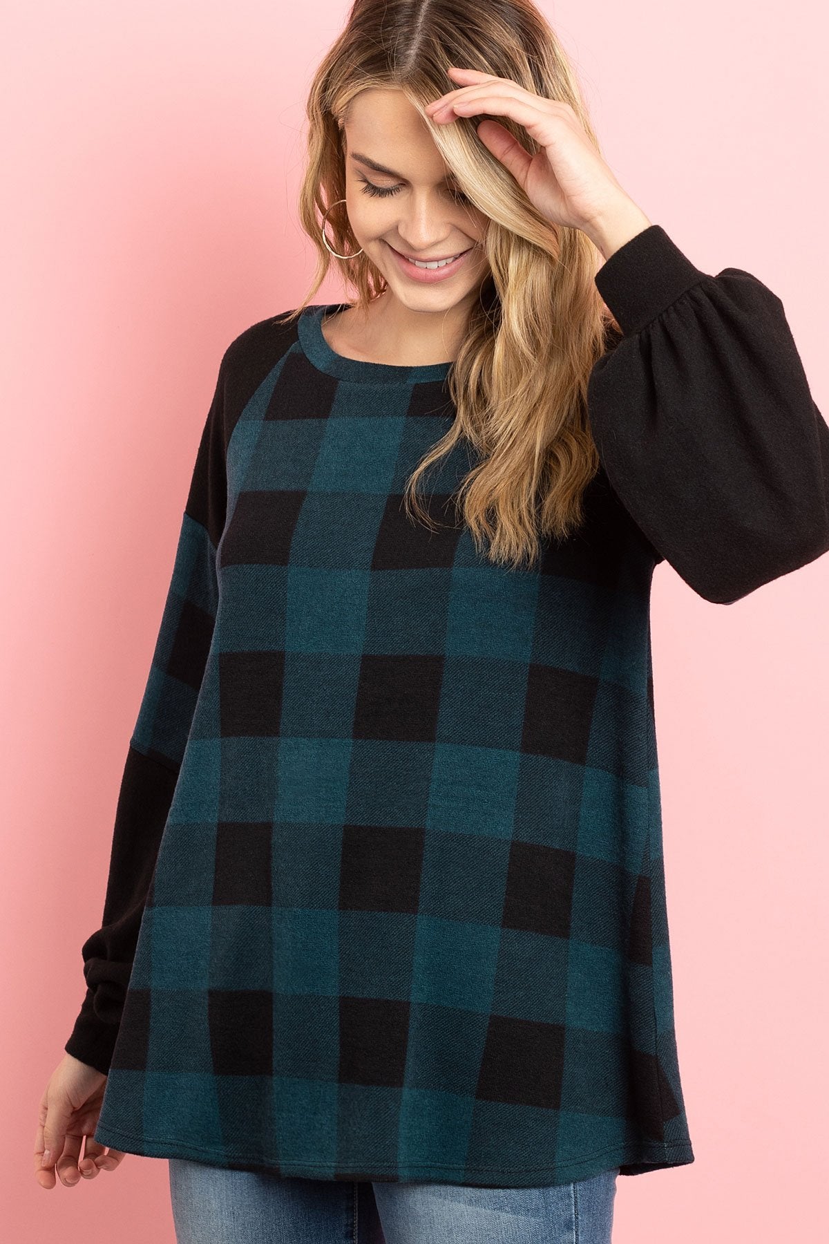 Solid Contrast Puff Sleeves Plaid Top