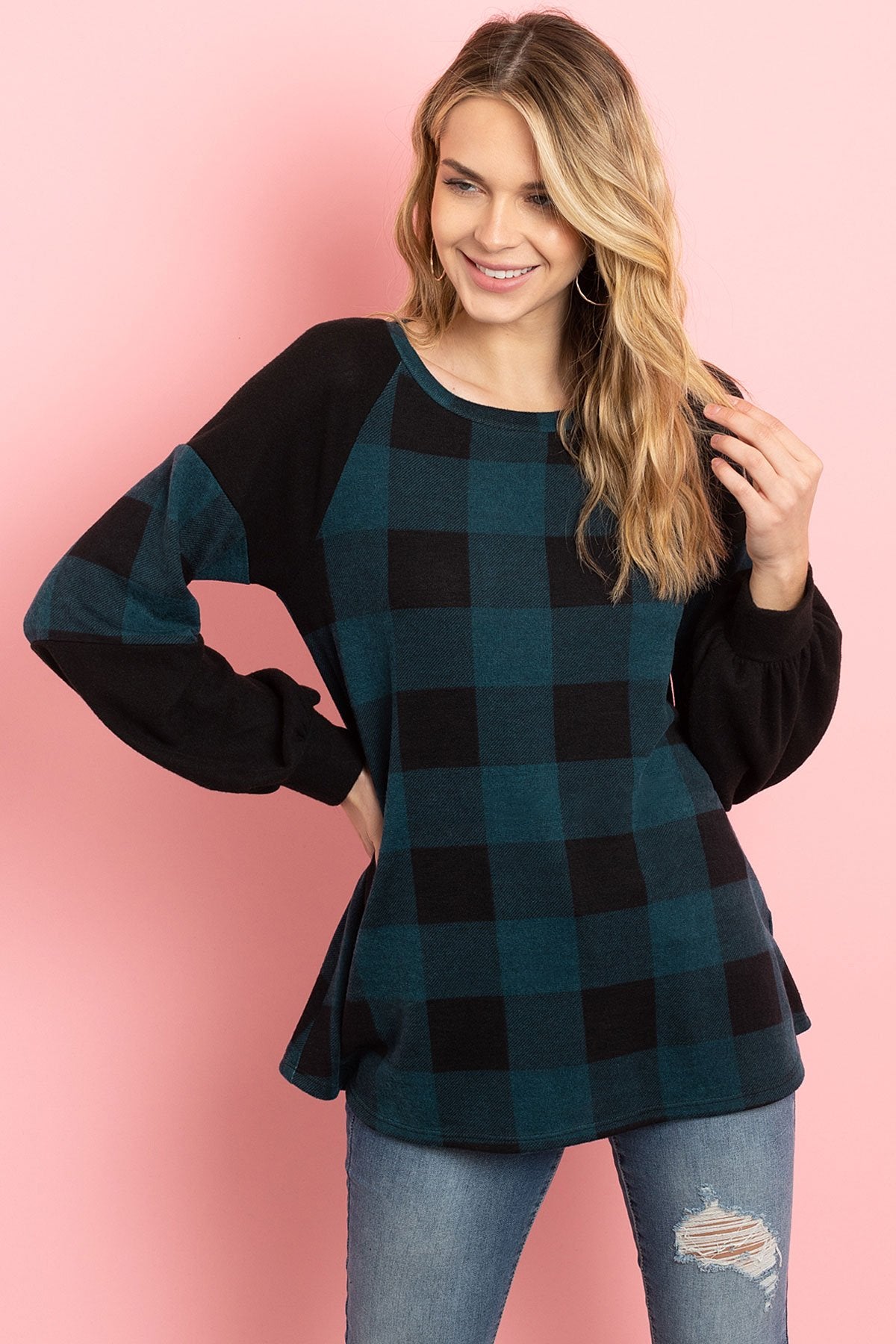 Solid Contrast Puff Sleeves Plaid Top