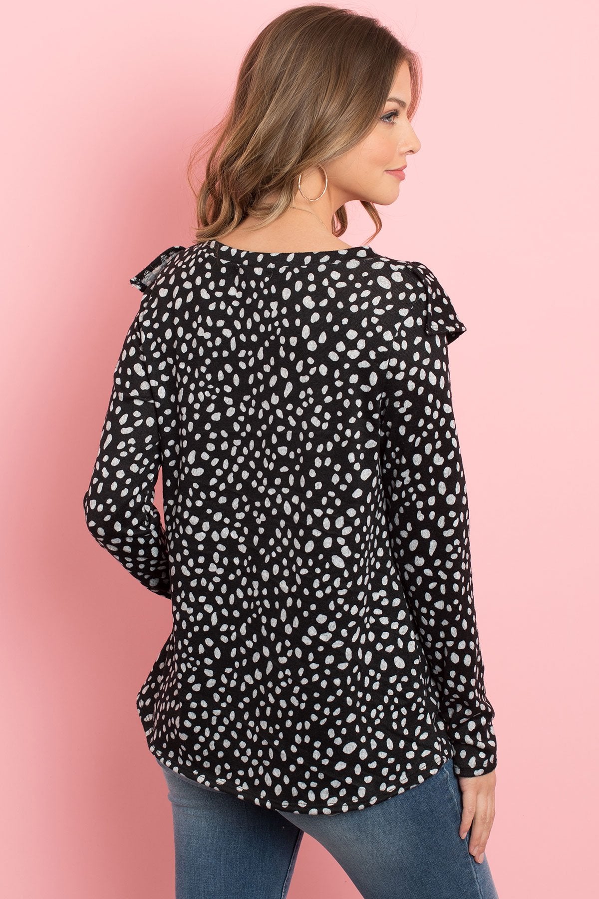 Brushed Hacci Leopard V-Shaped Ruffle Detail Top