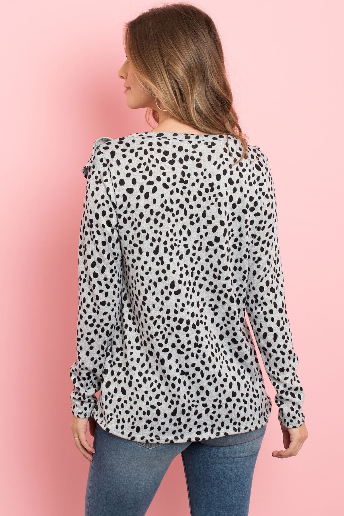 Brushed Hacci Leopard V-Shaped Ruffle Detail Top