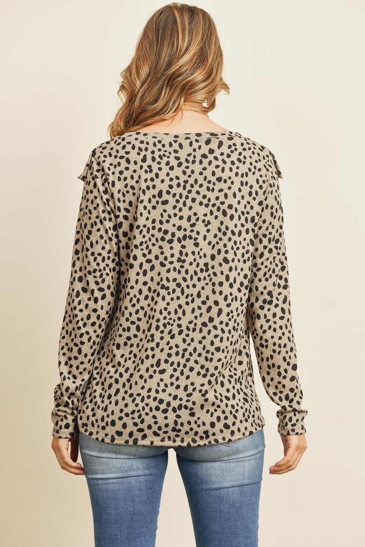 Brushed Hacci Leopard V-Shaped Ruffle Detail Top