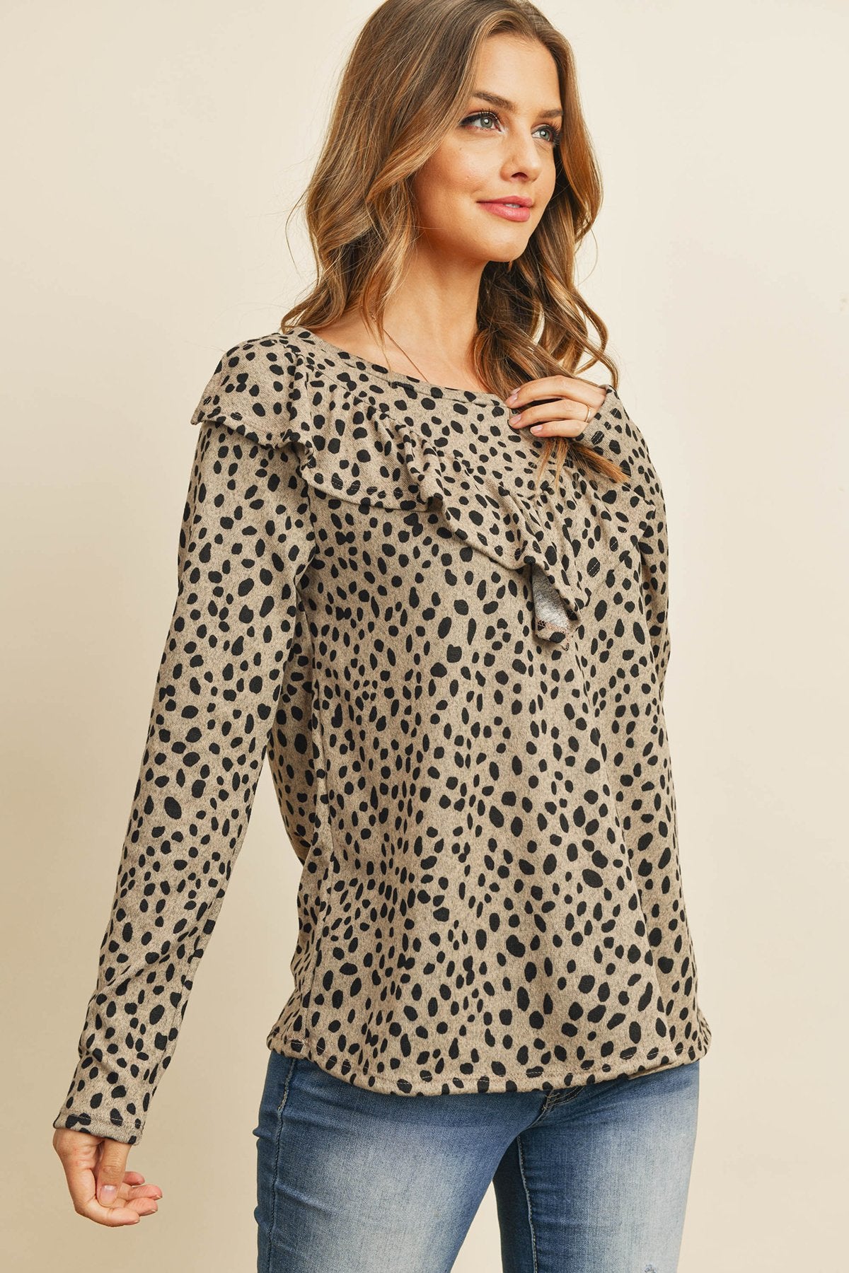Brushed Hacci Leopard V-Shaped Ruffle Detail Top