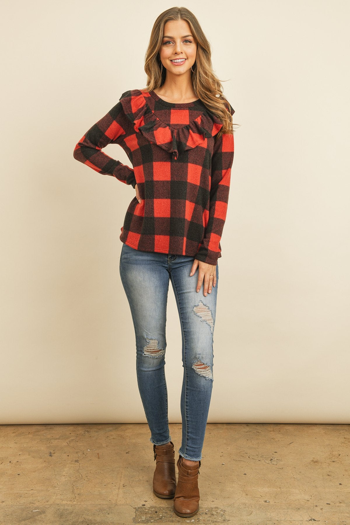 V-Shaped Brushed Plaid Ruffle Detail Long Sleeve Top