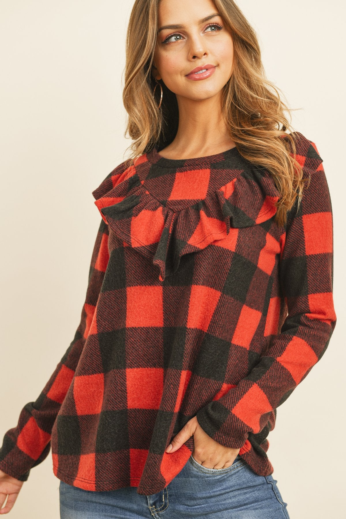 V-Shaped Brushed Plaid Ruffle Detail Long Sleeve Top