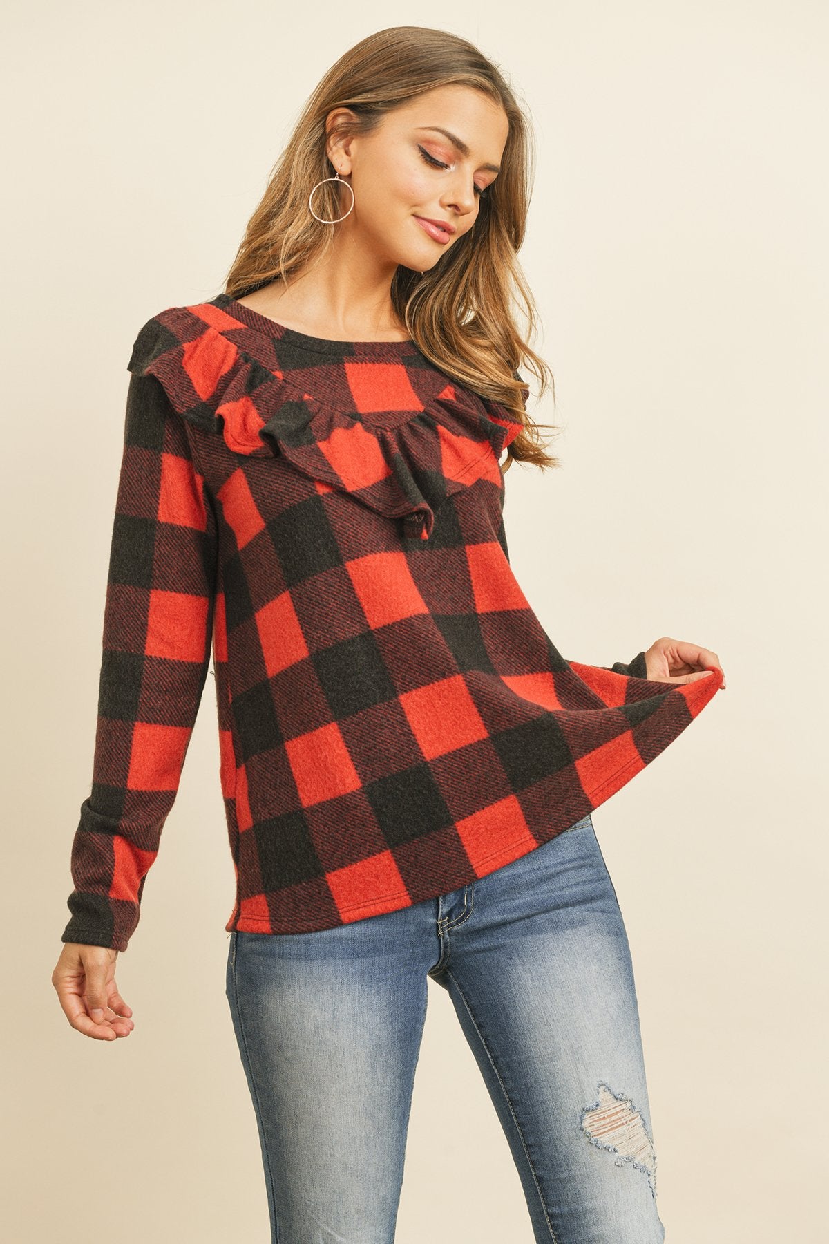 V-Shaped Brushed Plaid Ruffle Detail Long Sleeve Top