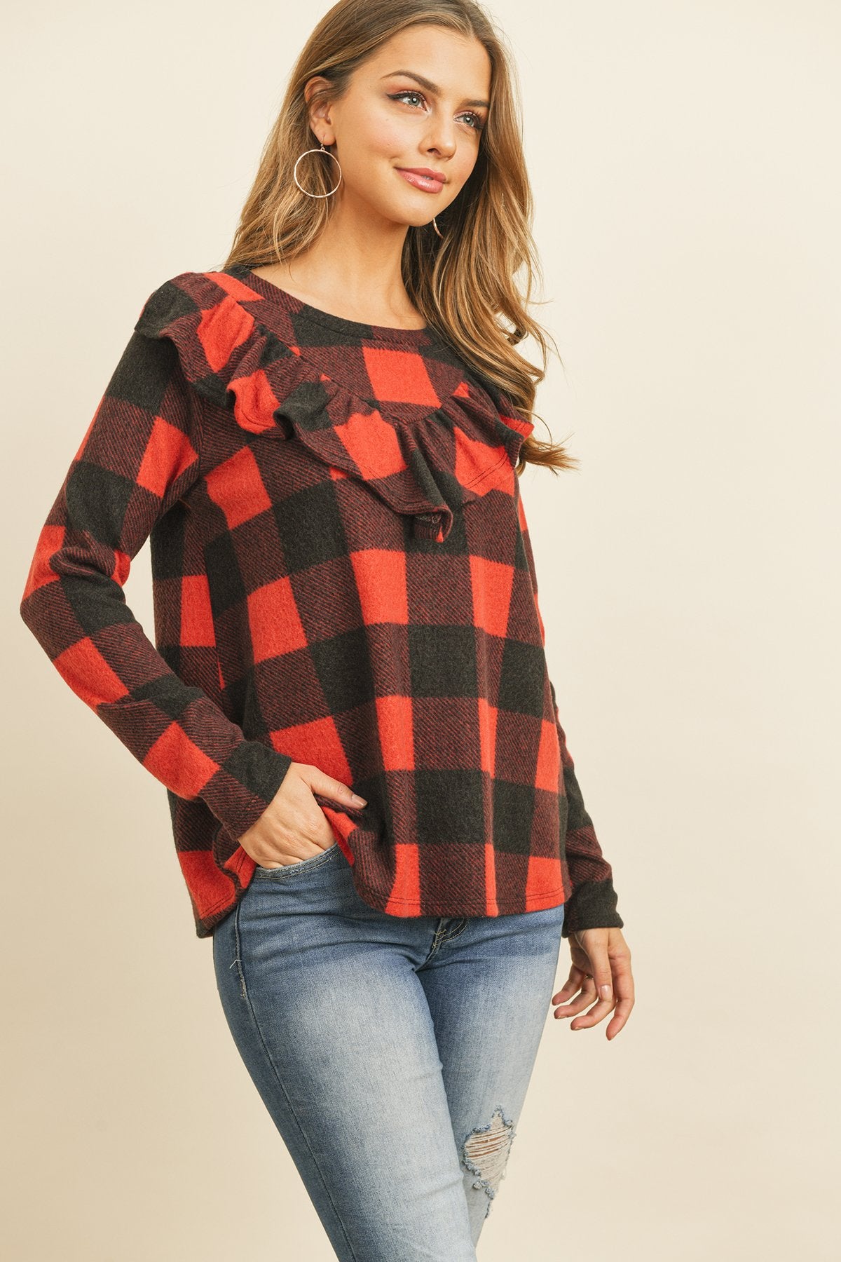 V-Shaped Brushed Plaid Ruffle Detail Long Sleeve Top