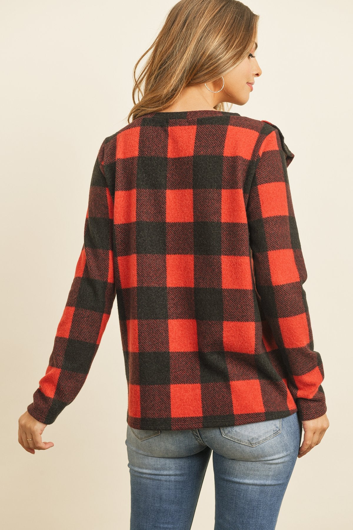 V-Shaped Brushed Plaid Ruffle Detail Long Sleeve Top