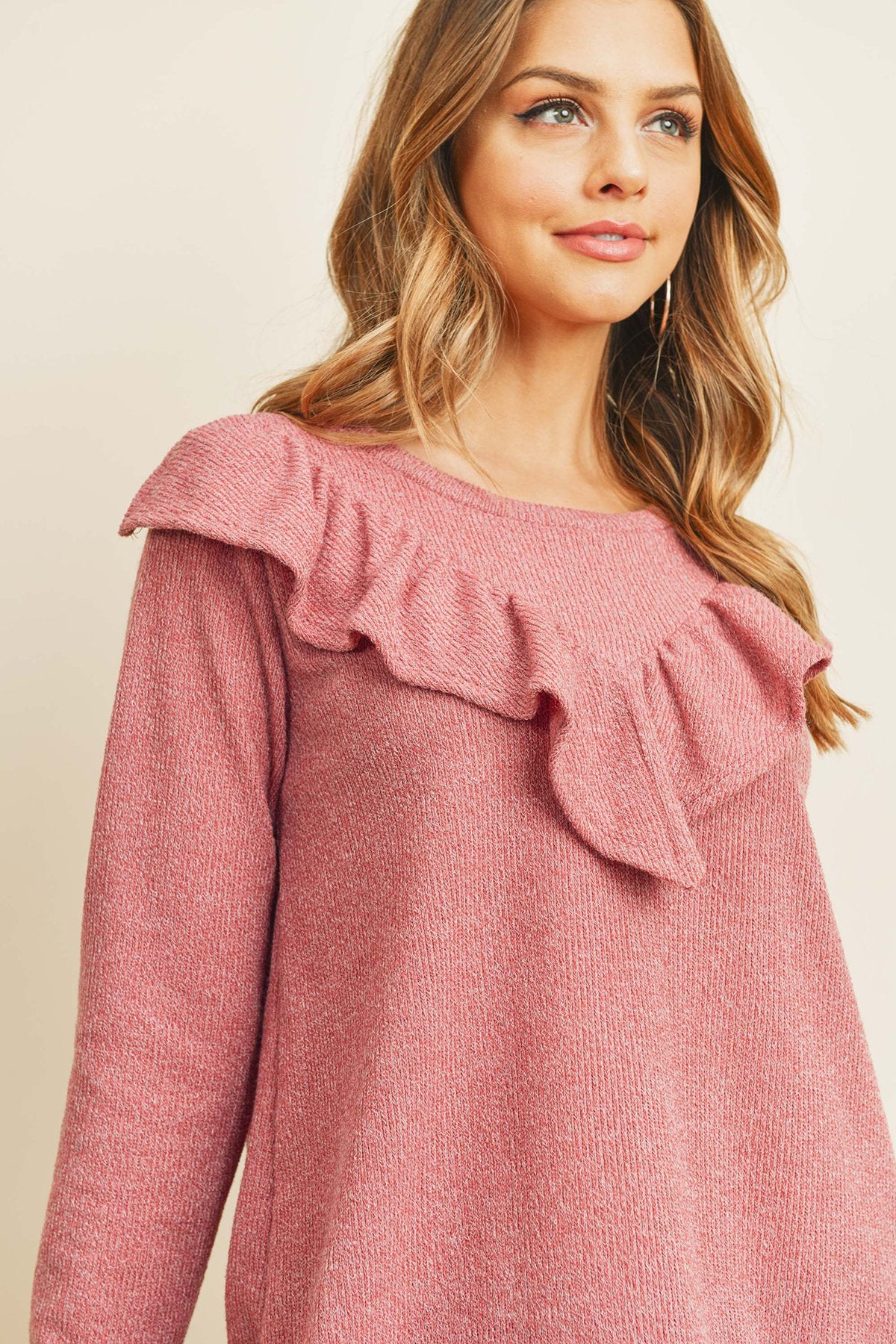 V-Shaped Ruffle Detail Long Sleeve Top