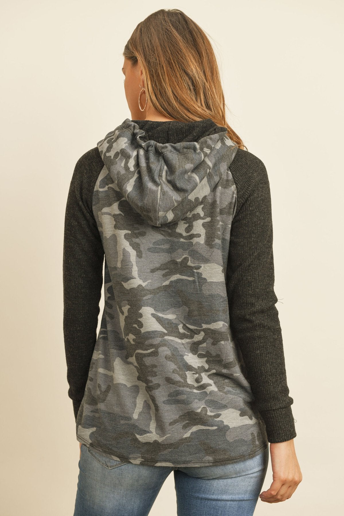 Self Tie Rib Hacci Brushed Sleeve Camouflage Hoodie
