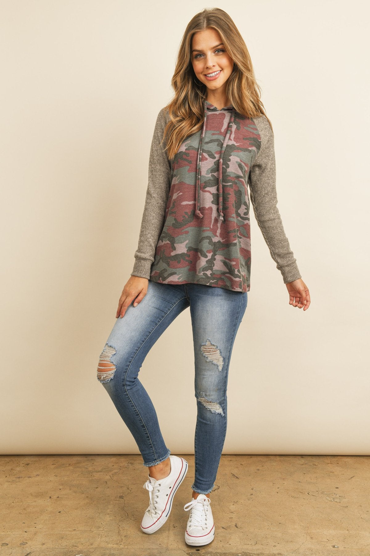 Self Tie Rib Hacci Brushed Sleeve Camouflage Hoodie