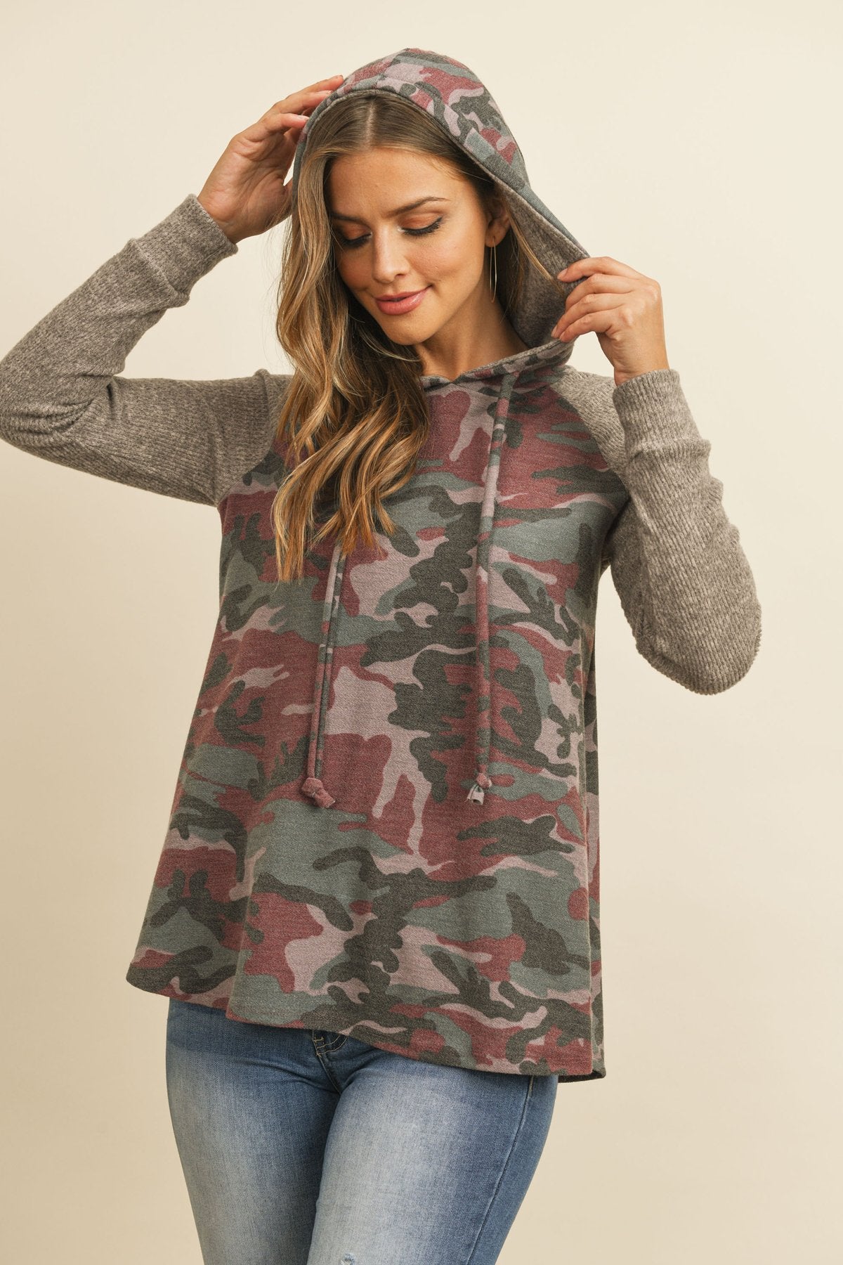 Self Tie Rib Hacci Brushed Sleeve Camouflage Hoodie