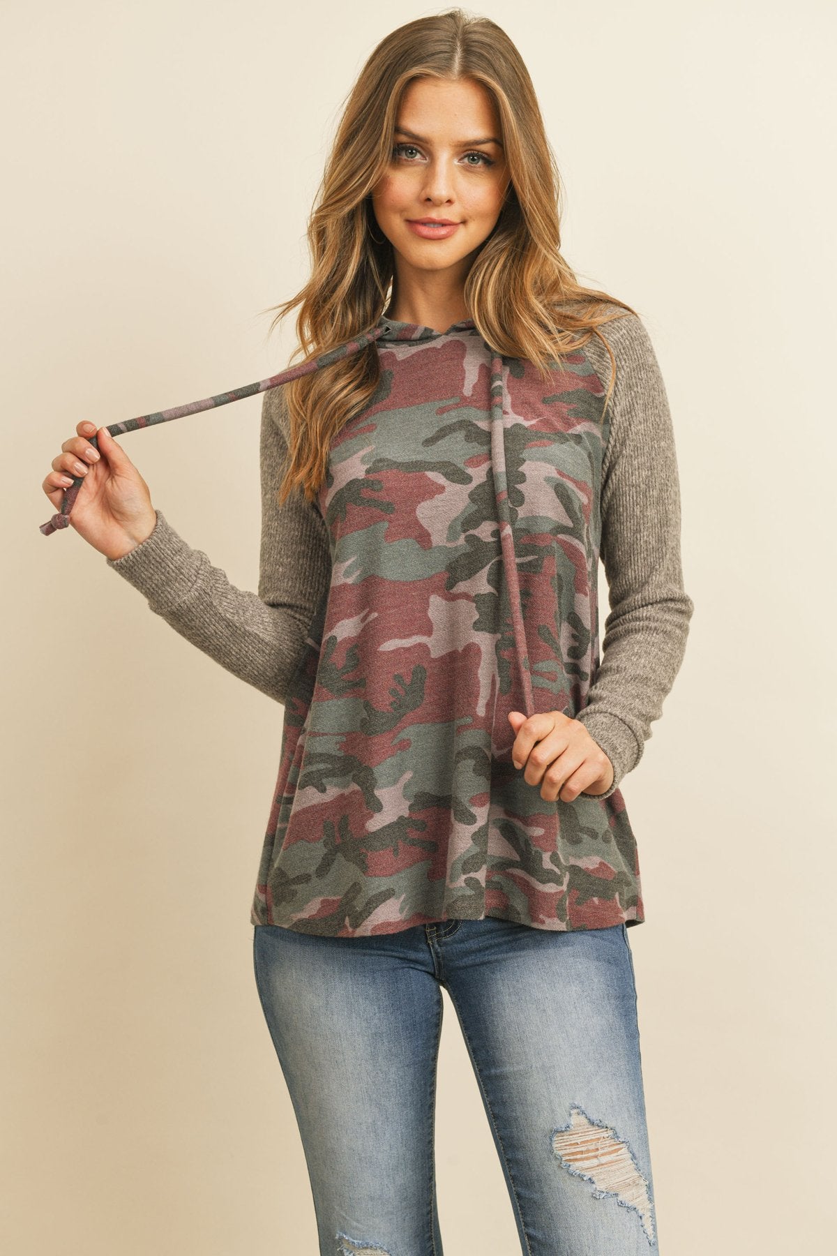 Self Tie Rib Hacci Brushed Sleeve Camouflage Hoodie