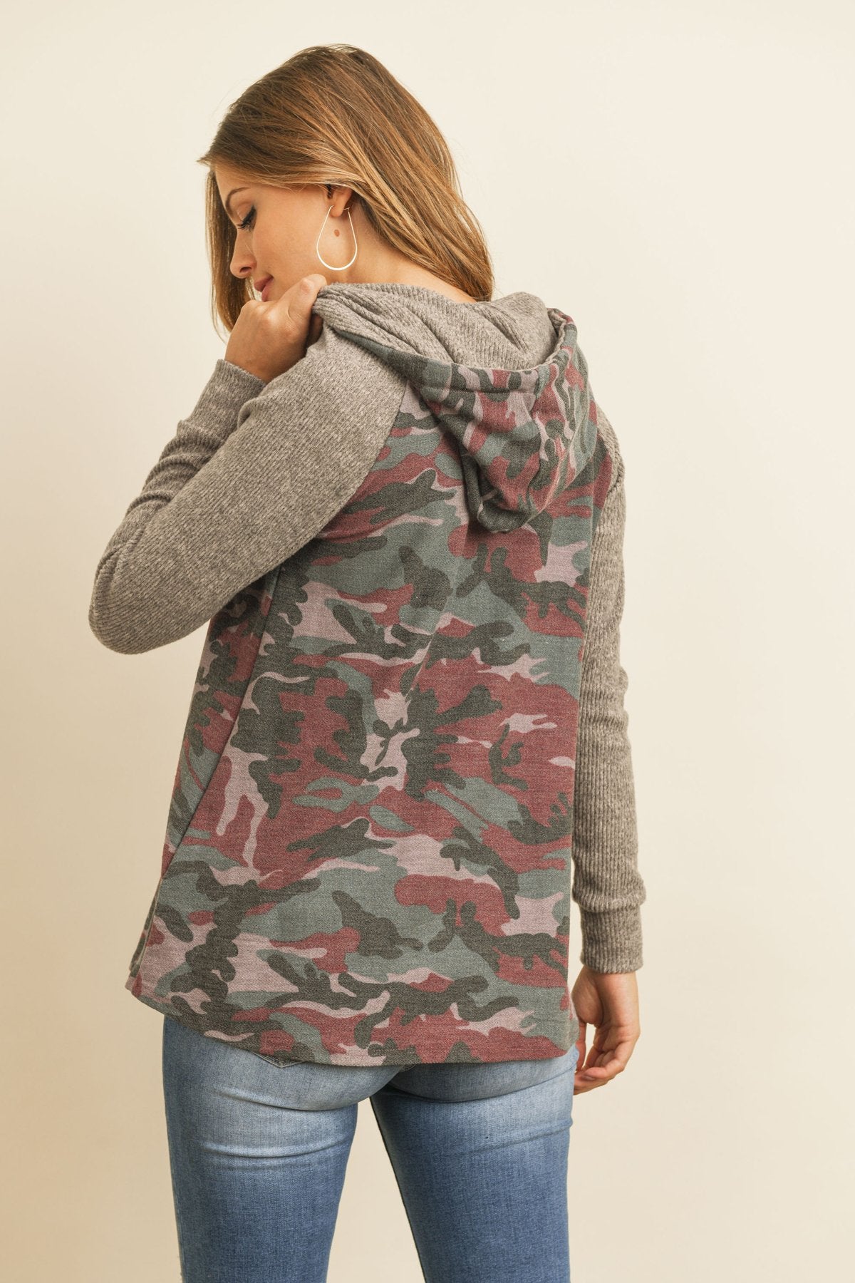 Self Tie Rib Hacci Brushed Sleeve Camouflage Hoodie
