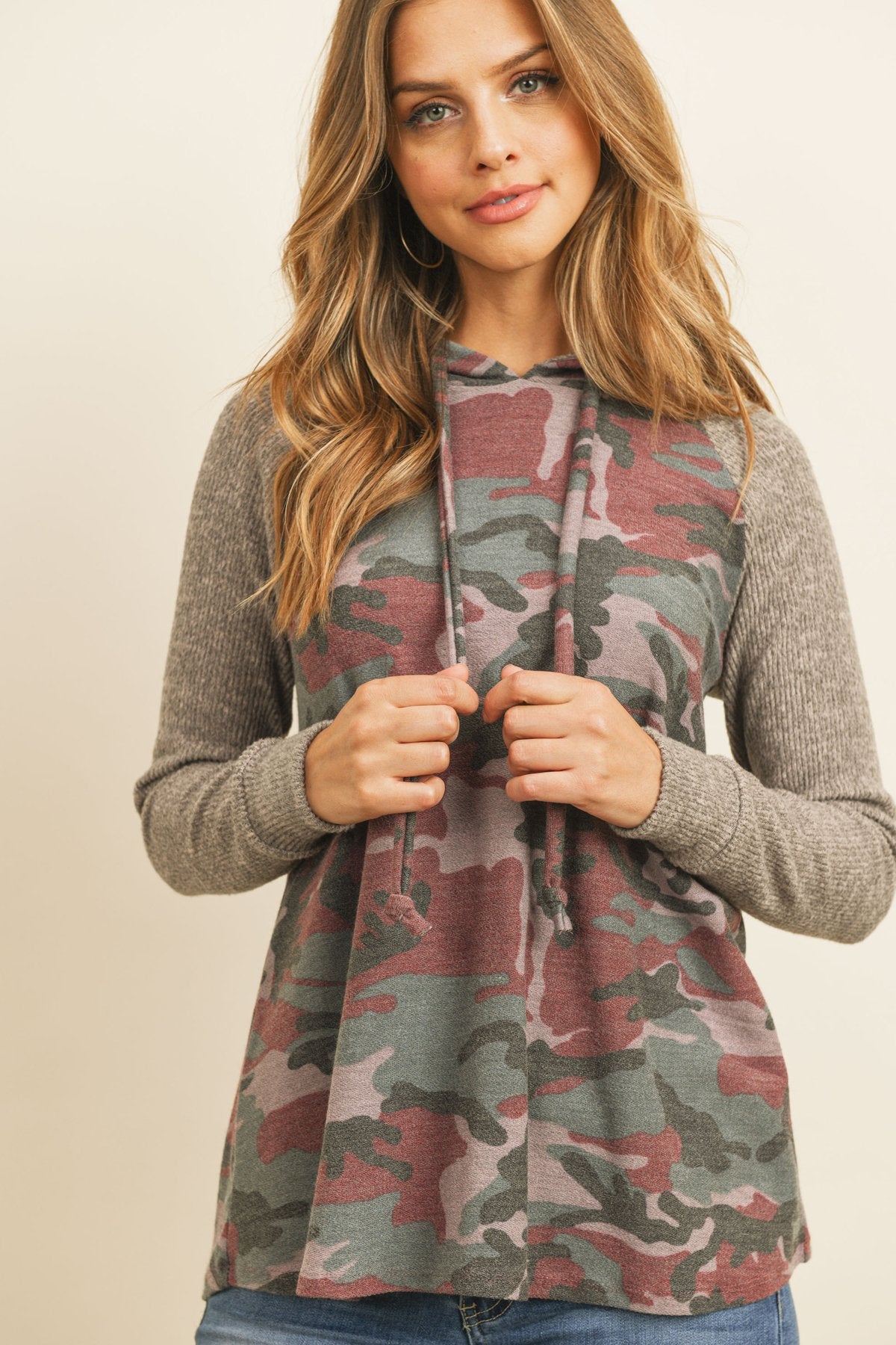 Self Tie Rib Hacci Brushed Sleeve Camouflage Hoodie