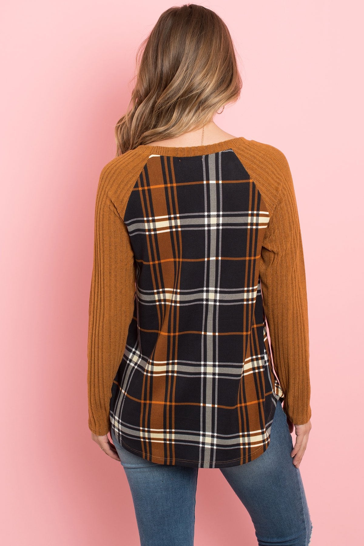 Long Sleeve Knit Detail Contrast Plaid Top