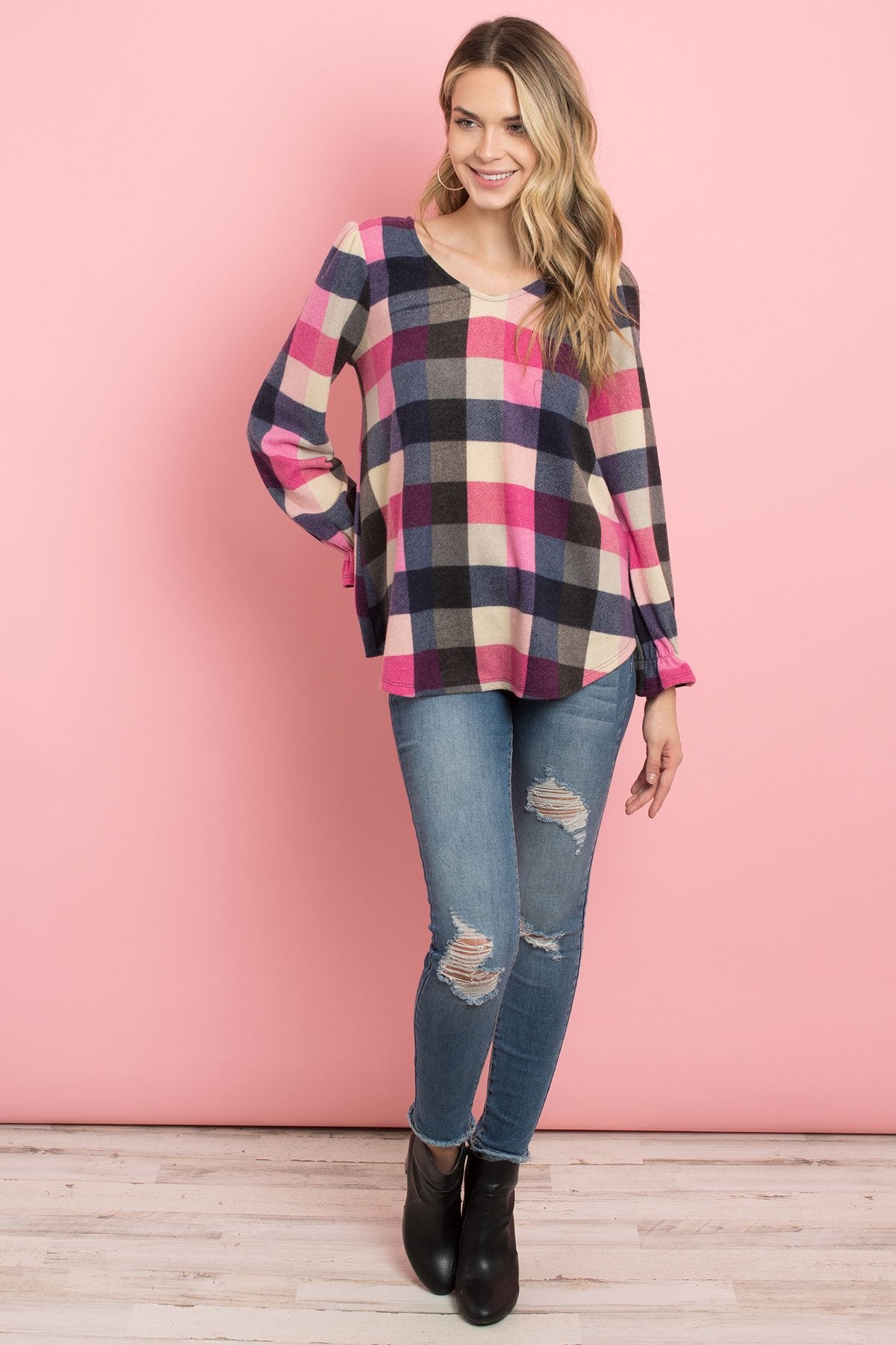 V-Neck Ruffle Sleeves Plaid Top