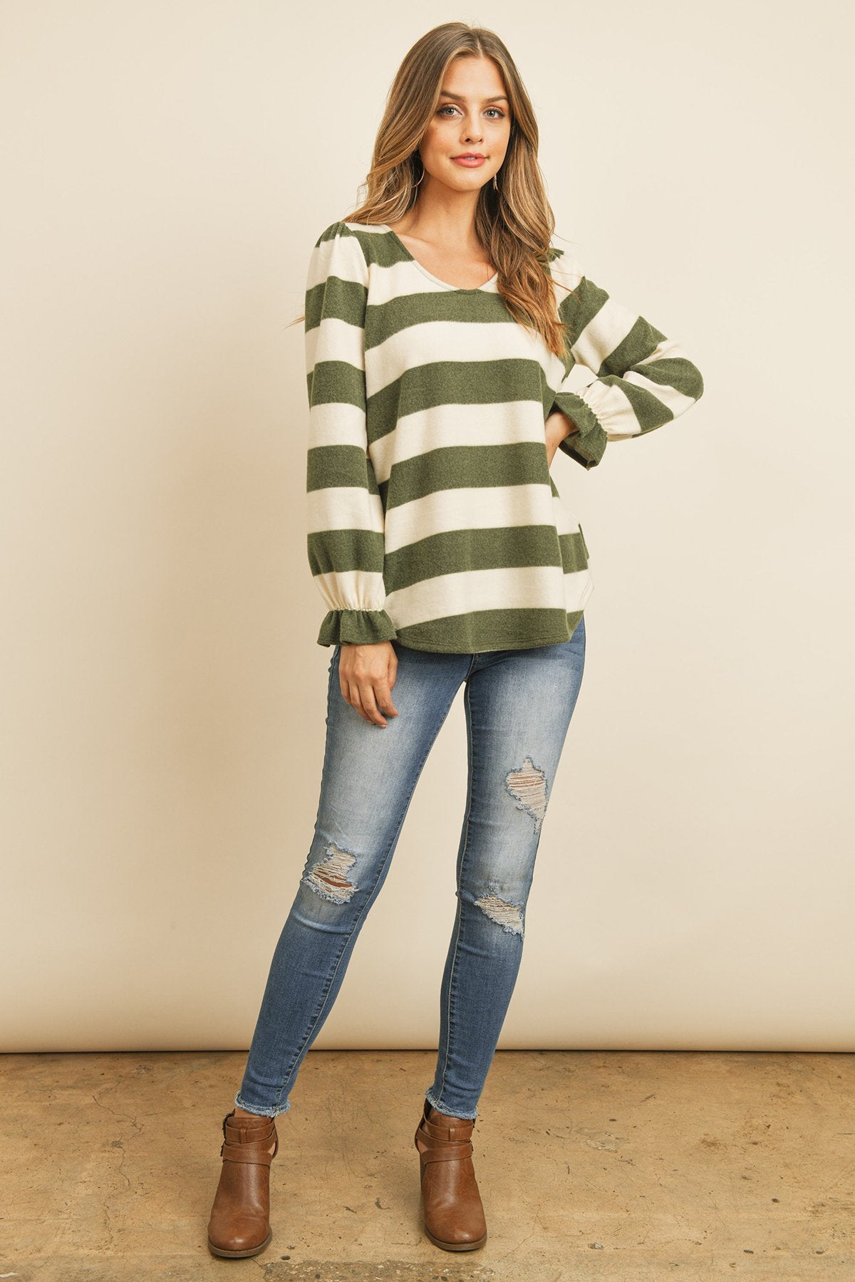 Stripes Ruffle Sleeved Round Hem Hacci Top