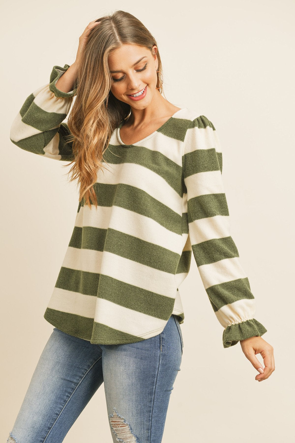 Stripes Ruffle Sleeved Round Hem Hacci Top
