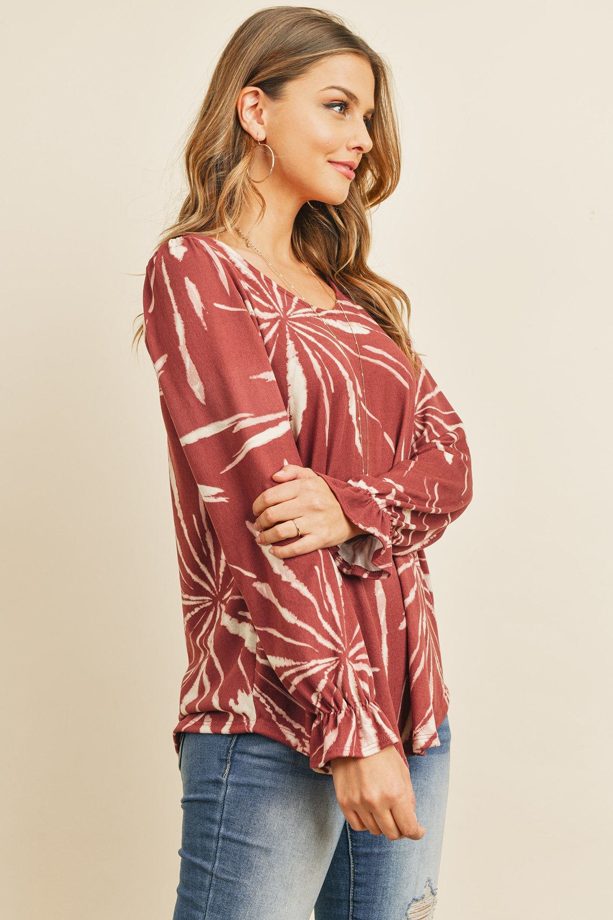 Tie Dye Ruffle Sleeve V-Neck Round Hem Top
