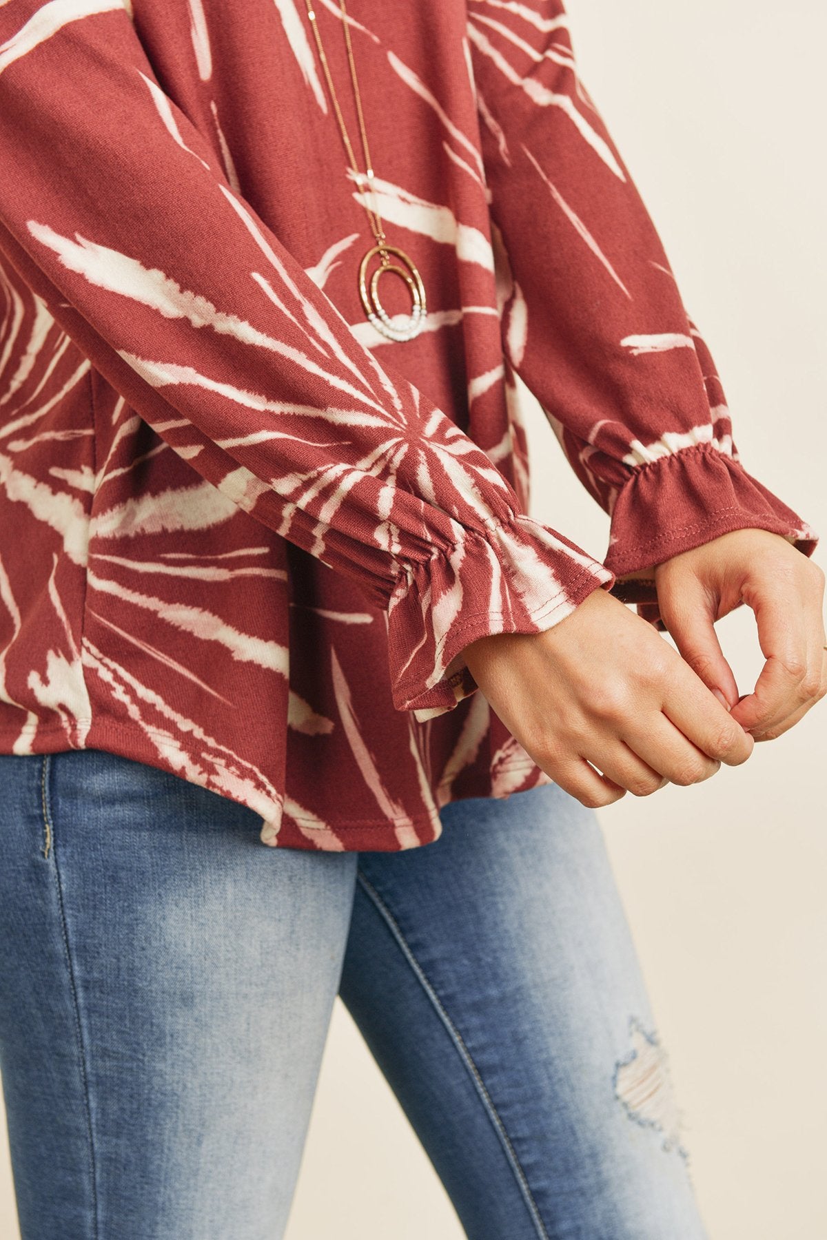 Tie Dye Ruffle Sleeve V-Neck Round Hem Top