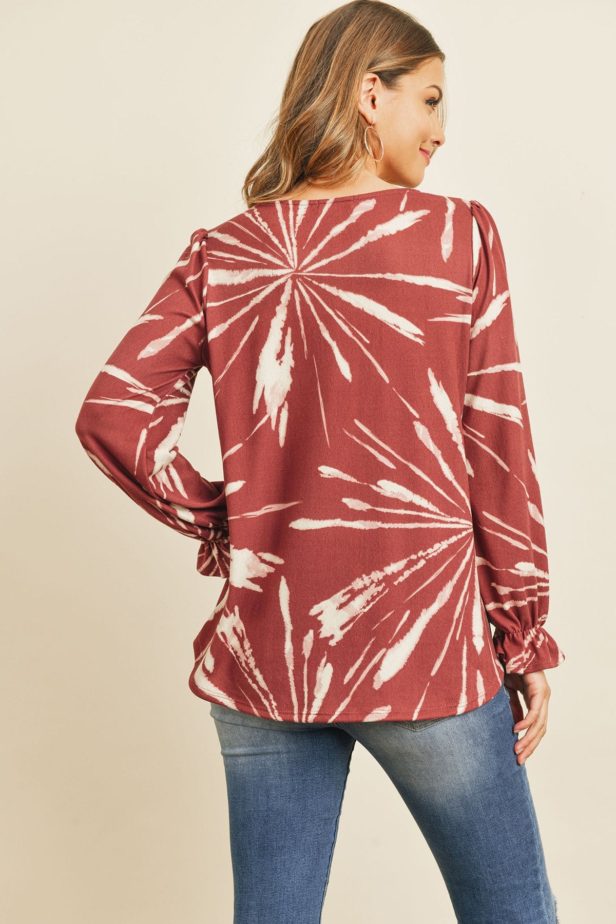 Tie Dye Ruffle Sleeve V-Neck Round Hem Top