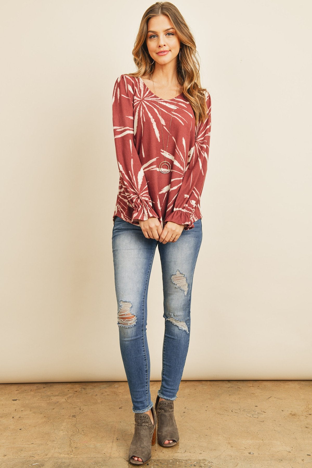 Tie Dye Ruffle Sleeve V-Neck Round Hem Top