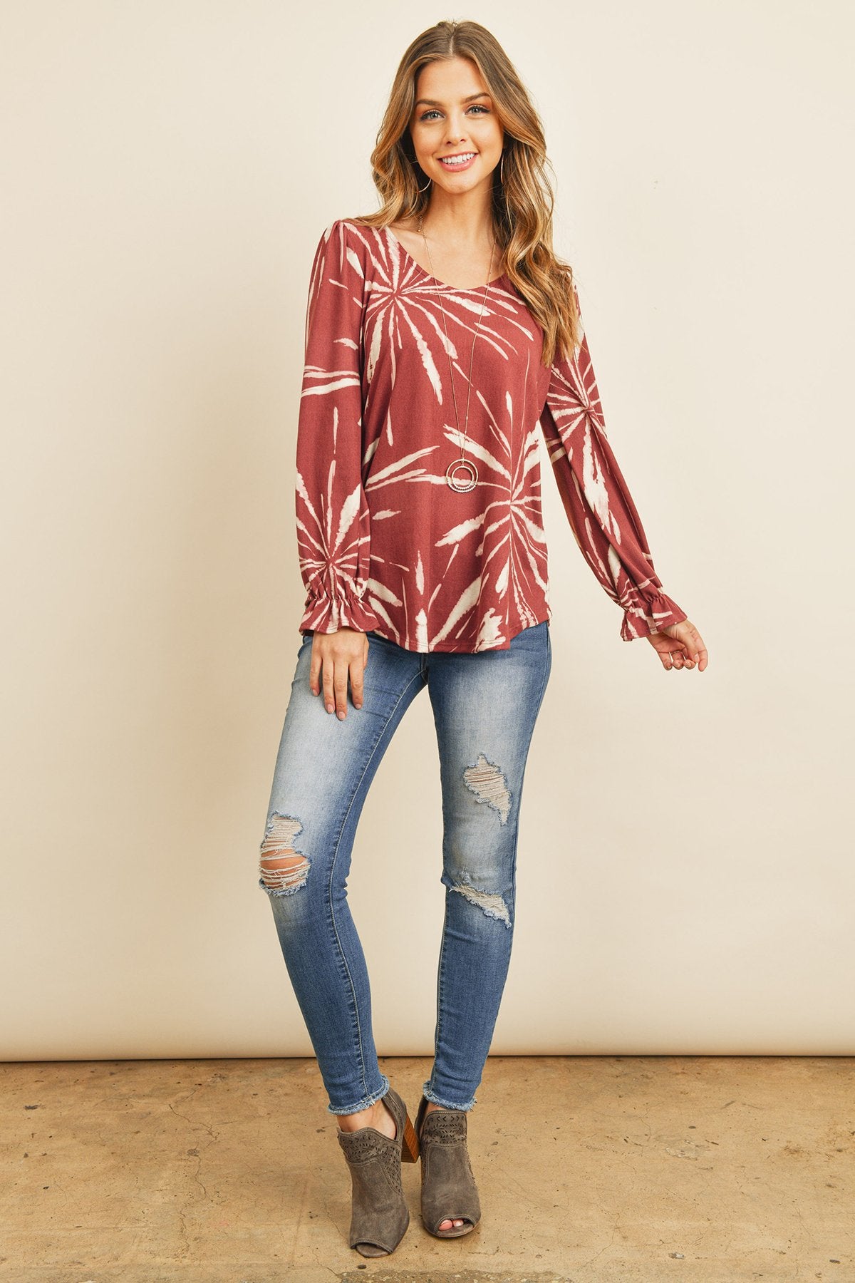 Tie Dye Ruffle Sleeve V-Neck Round Hem Top