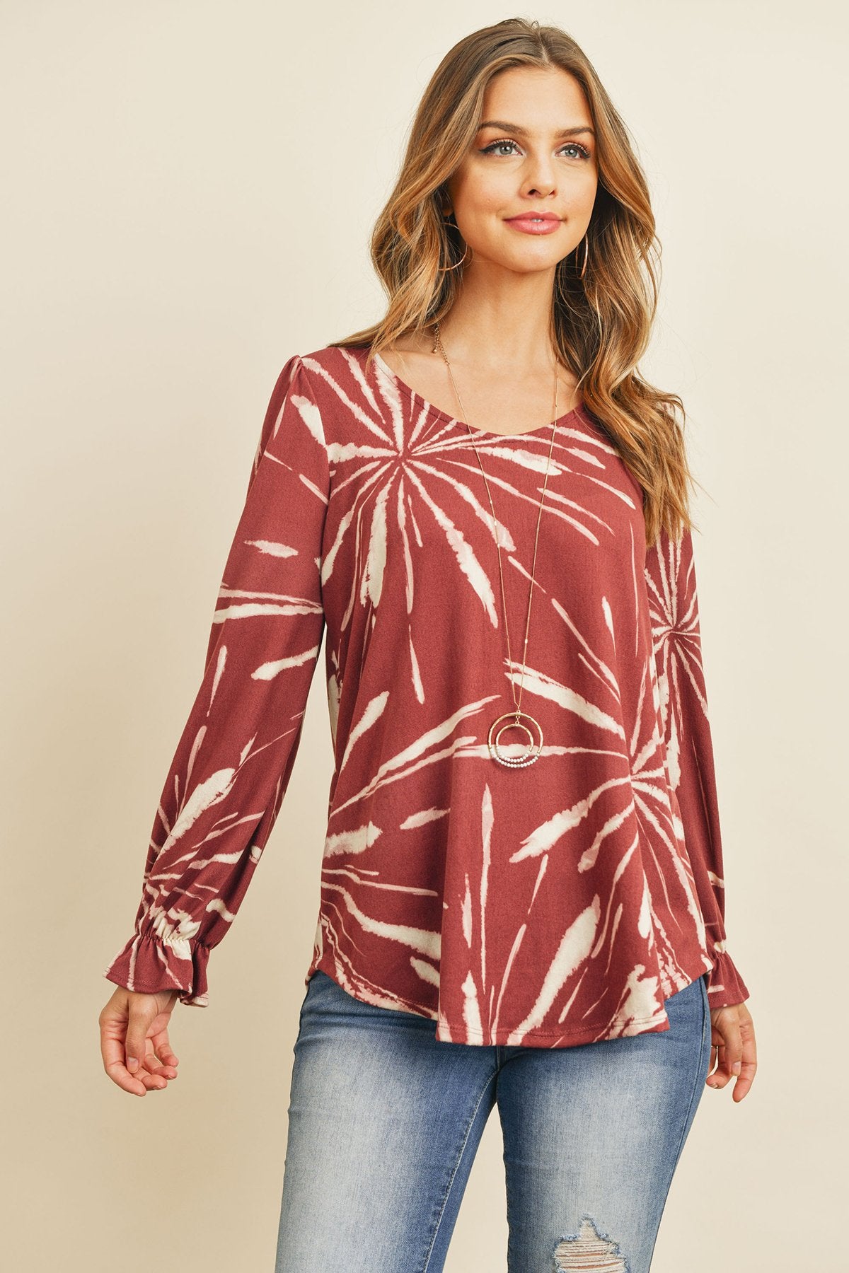 Tie Dye Ruffle Sleeve V-Neck Round Hem Top