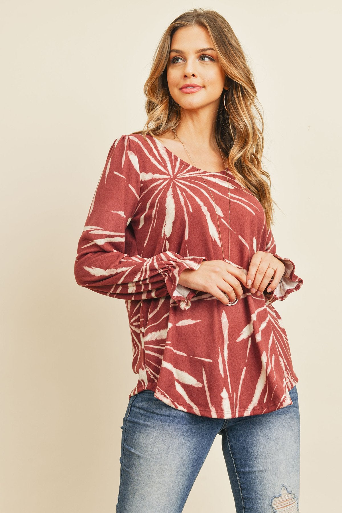 Tie Dye Ruffle Sleeve V-Neck Round Hem Top