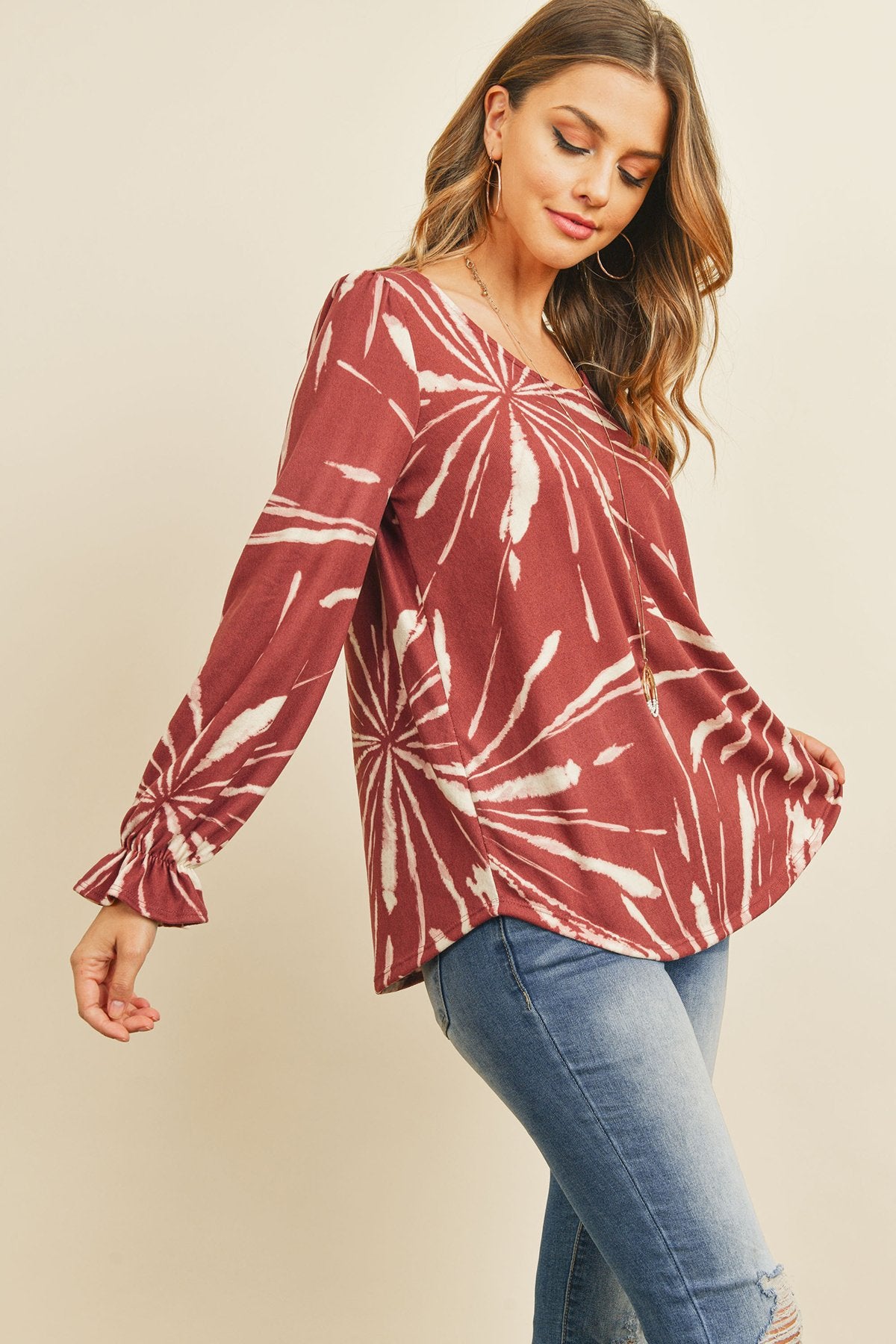Tie Dye Ruffle Sleeve V-Neck Round Hem Top