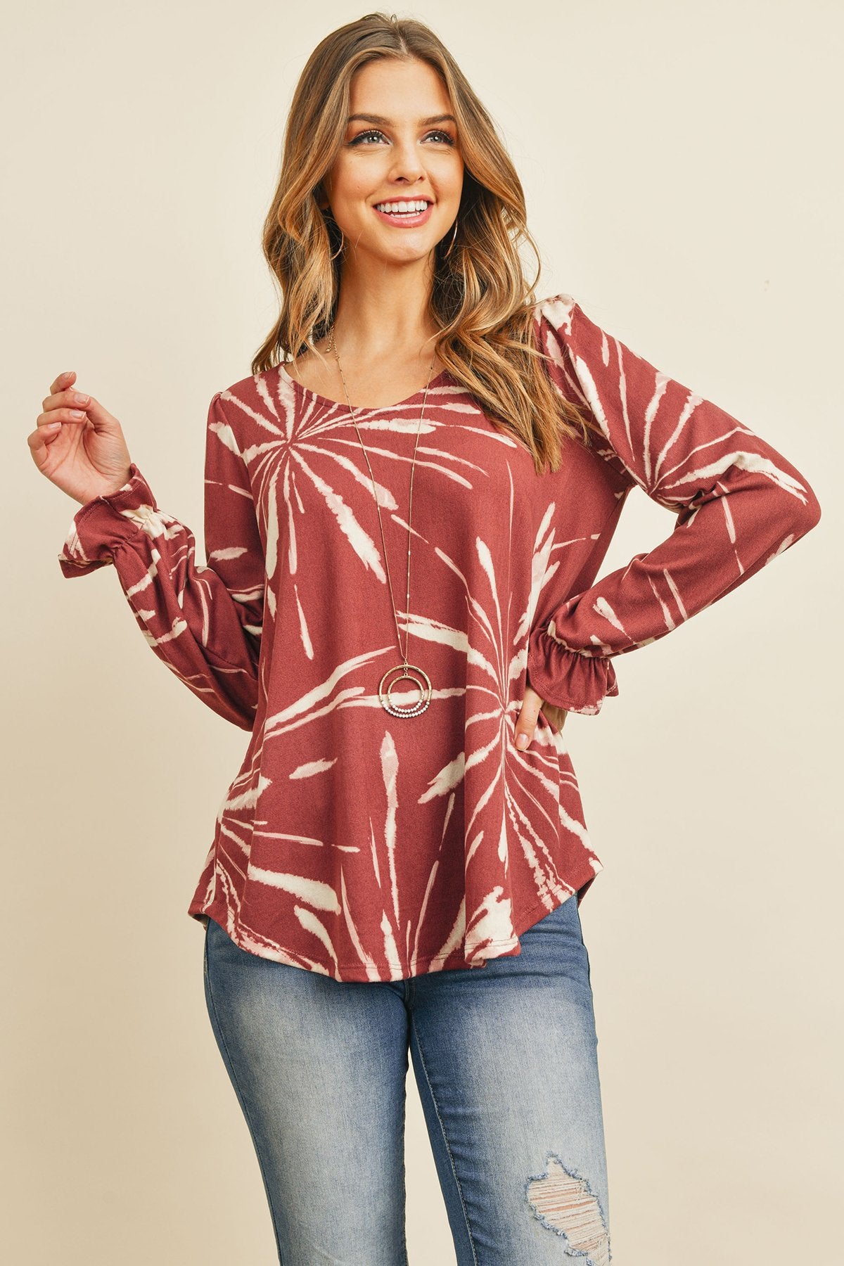 Tie Dye Ruffle Sleeve V-Neck Round Hem Top