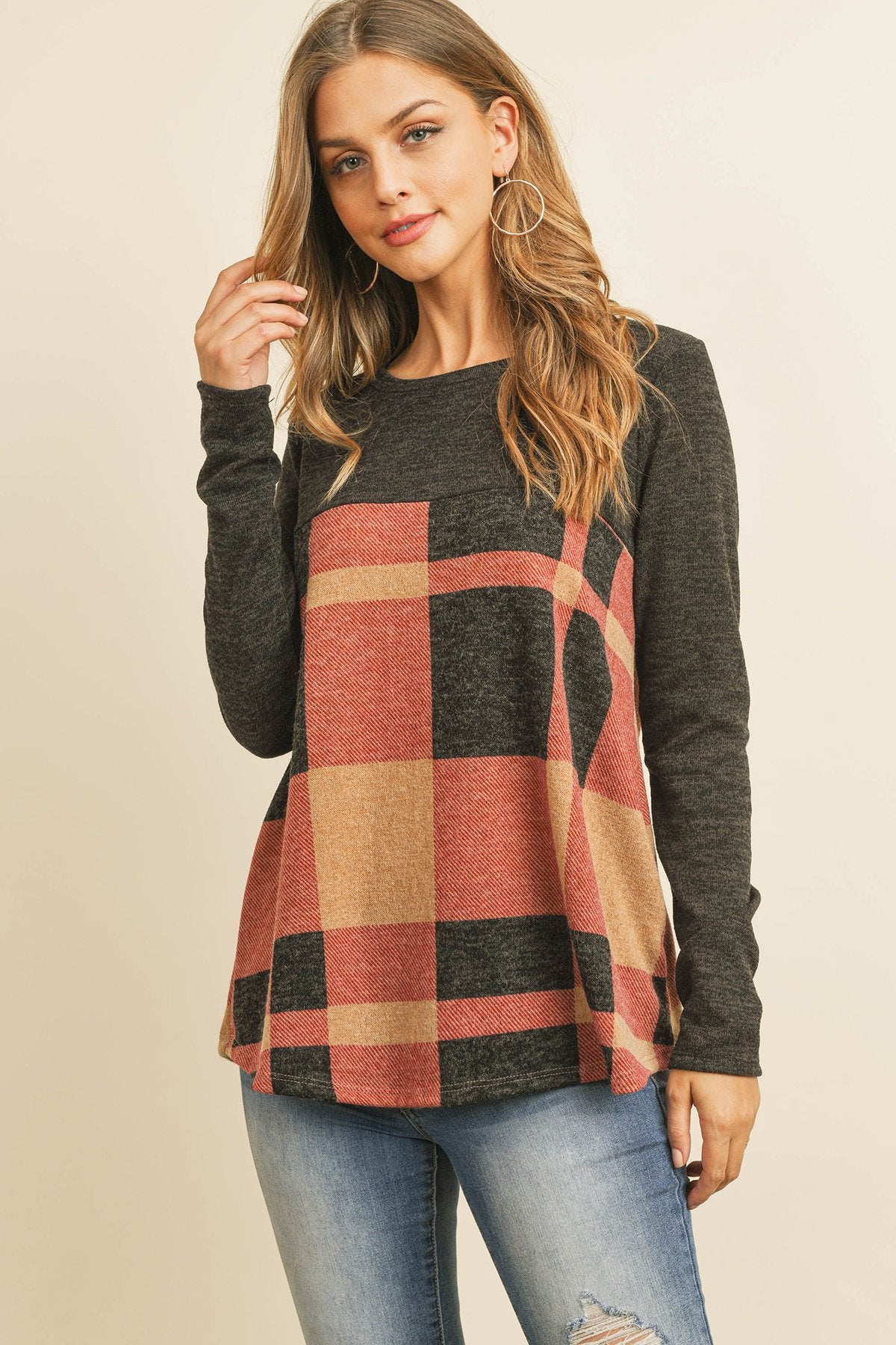 Two Toned Plaid Contrast Back Button Detail Top