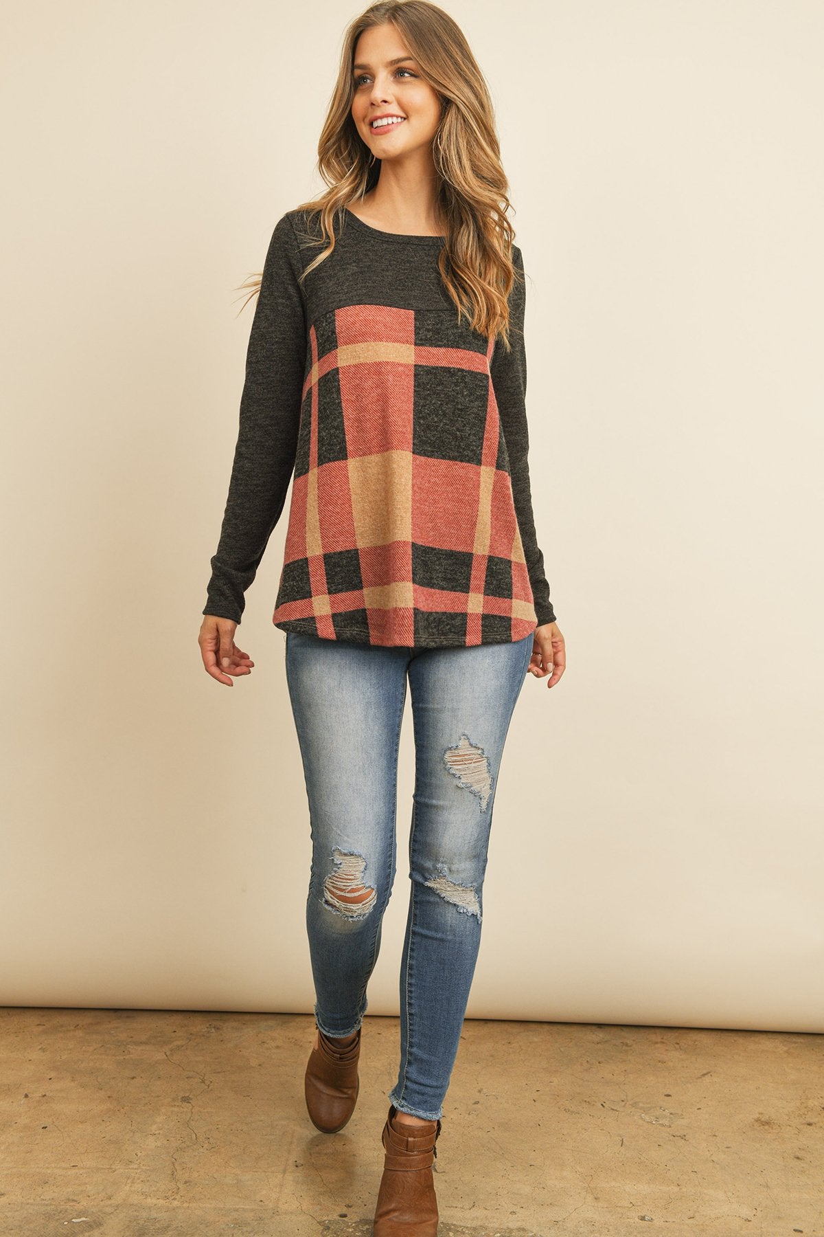 Two Toned Plaid Contrast Back Button Detail Top
