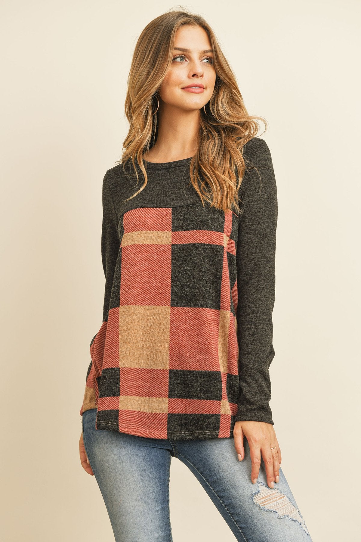 Two Toned Plaid Contrast Back Button Detail Top