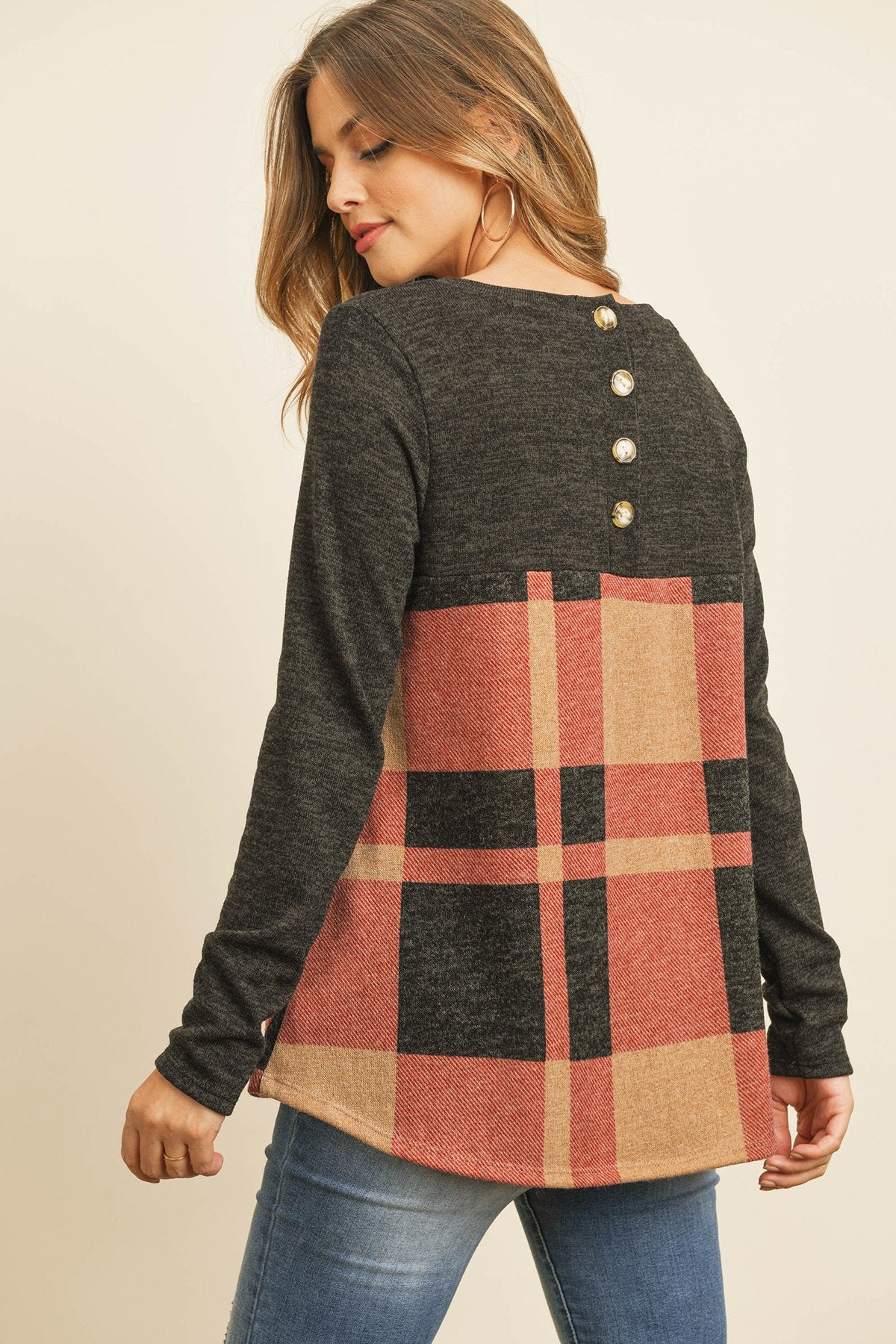 Two Toned Plaid Contrast Back Button Detail Top