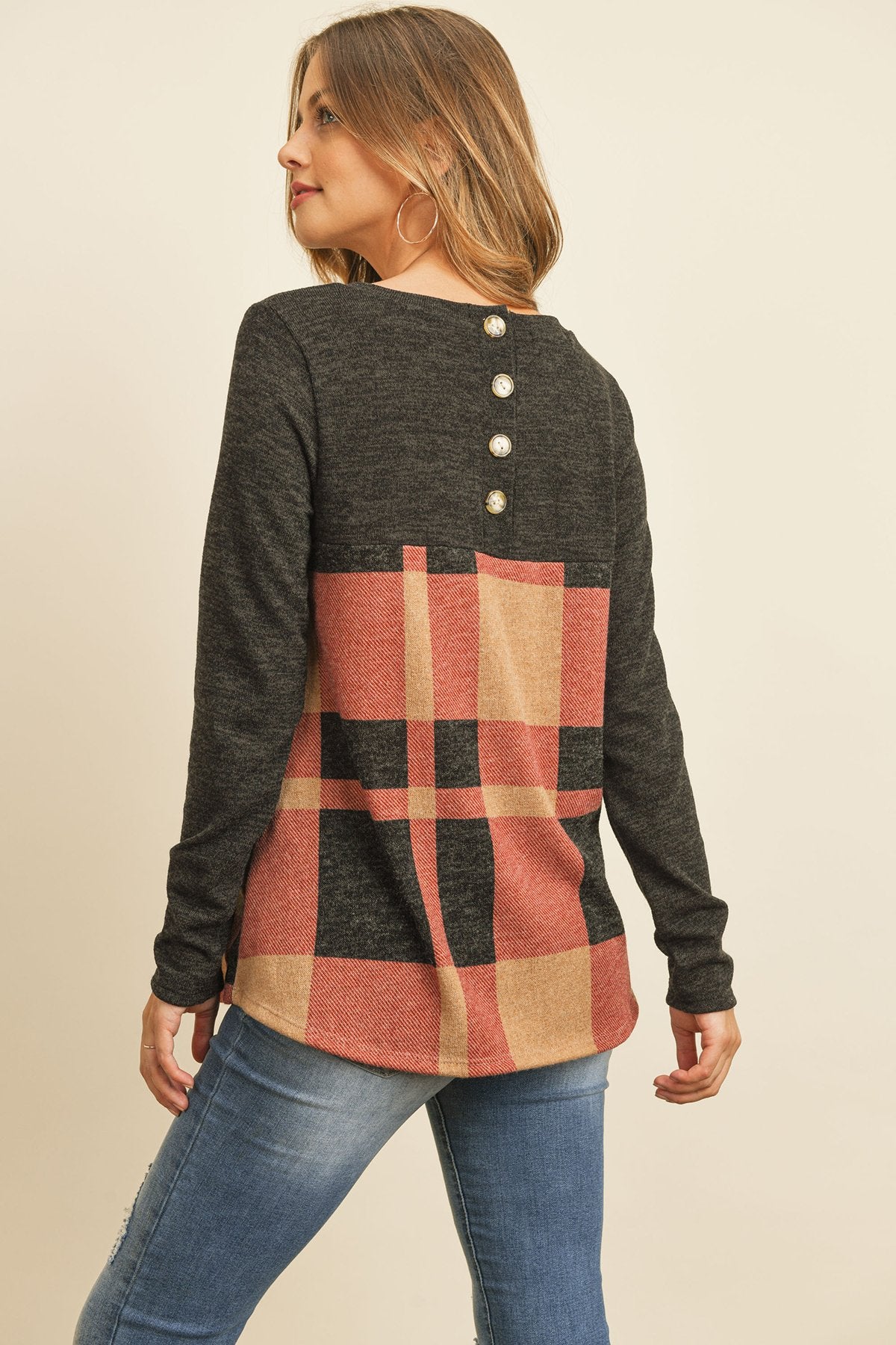 Two Toned Plaid Contrast Back Button Detail Top