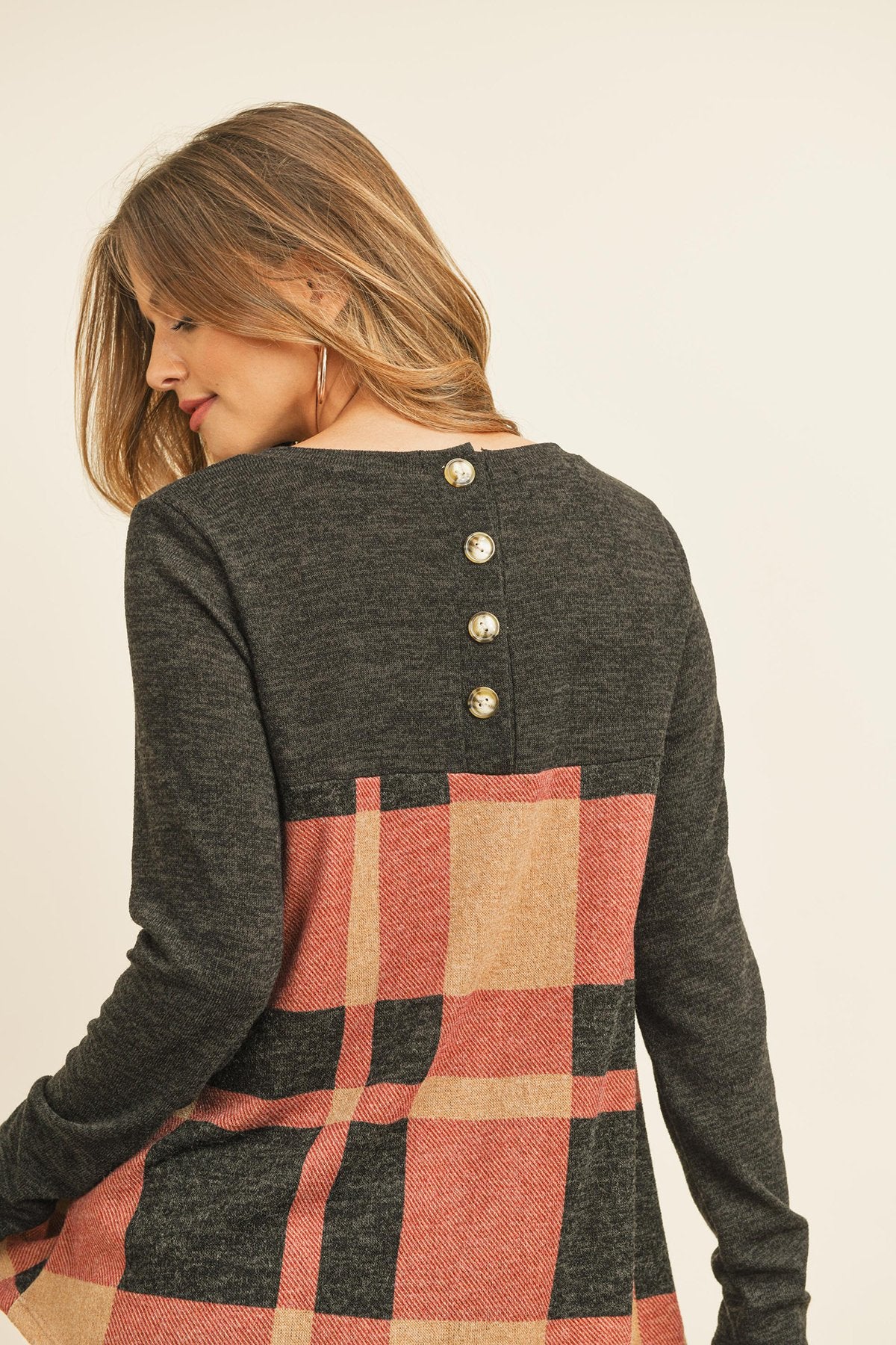 Two Toned Plaid Contrast Back Button Detail Top