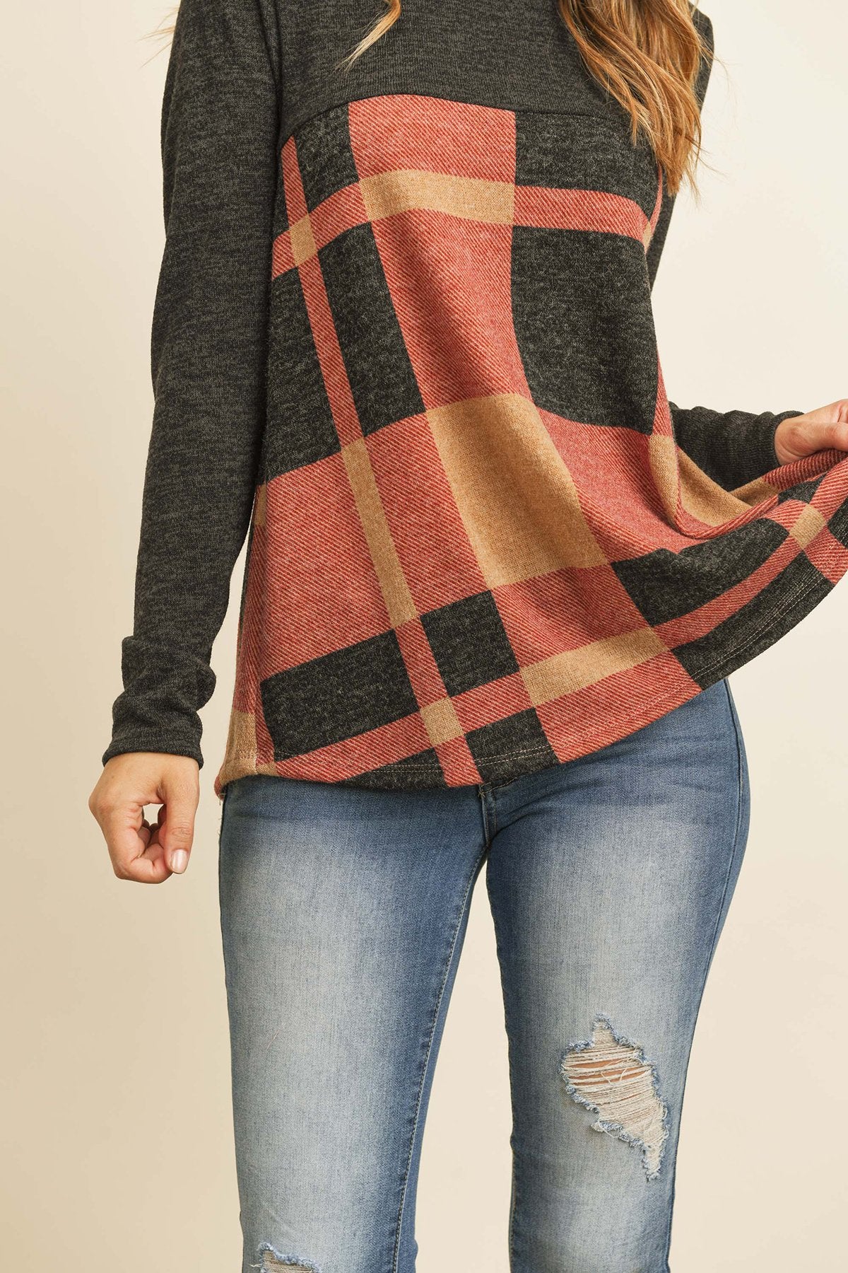 Two Toned Plaid Contrast Back Button Detail Top