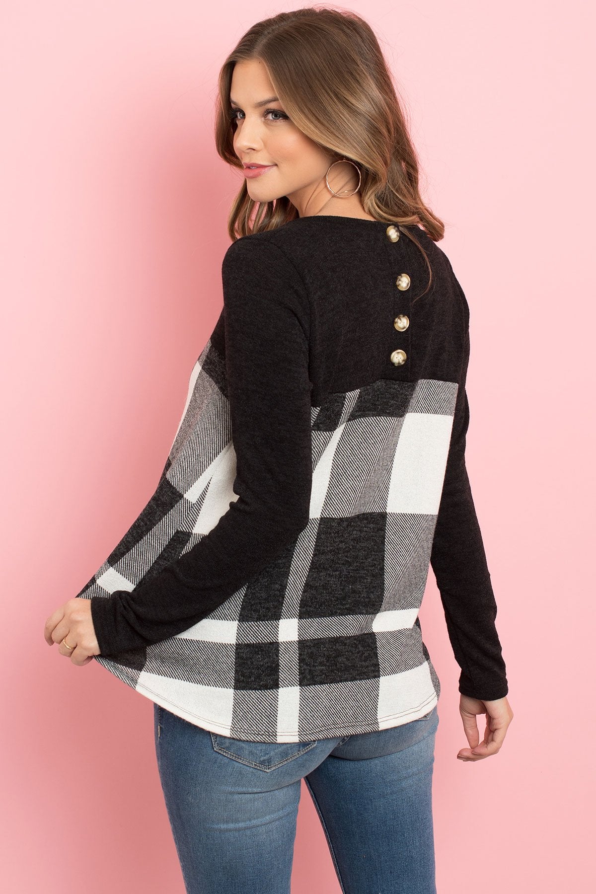 Two Toned Plaid Contrast Back Button Detail Top