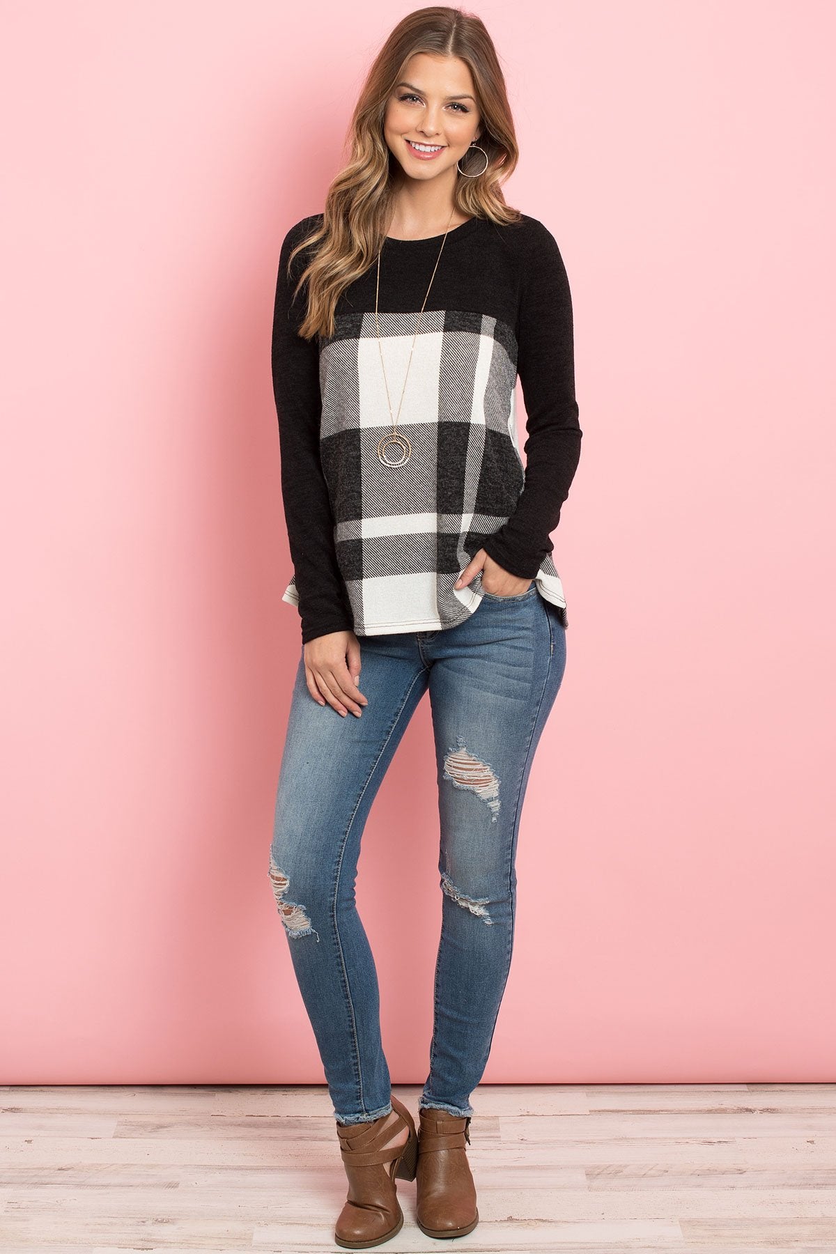 Two Toned Plaid Contrast Back Button Detail Top