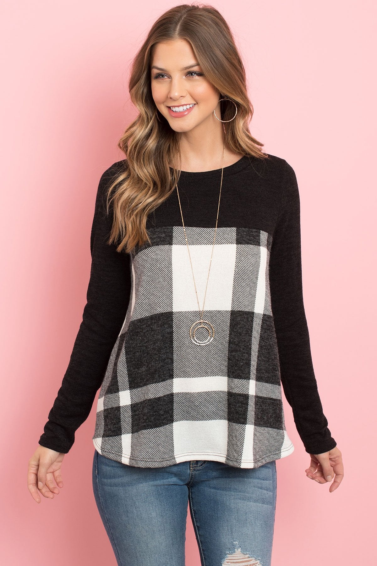 Two Toned Plaid Contrast Back Button Detail Top