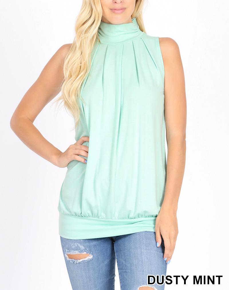 High Neck Pleated Top With Waistband