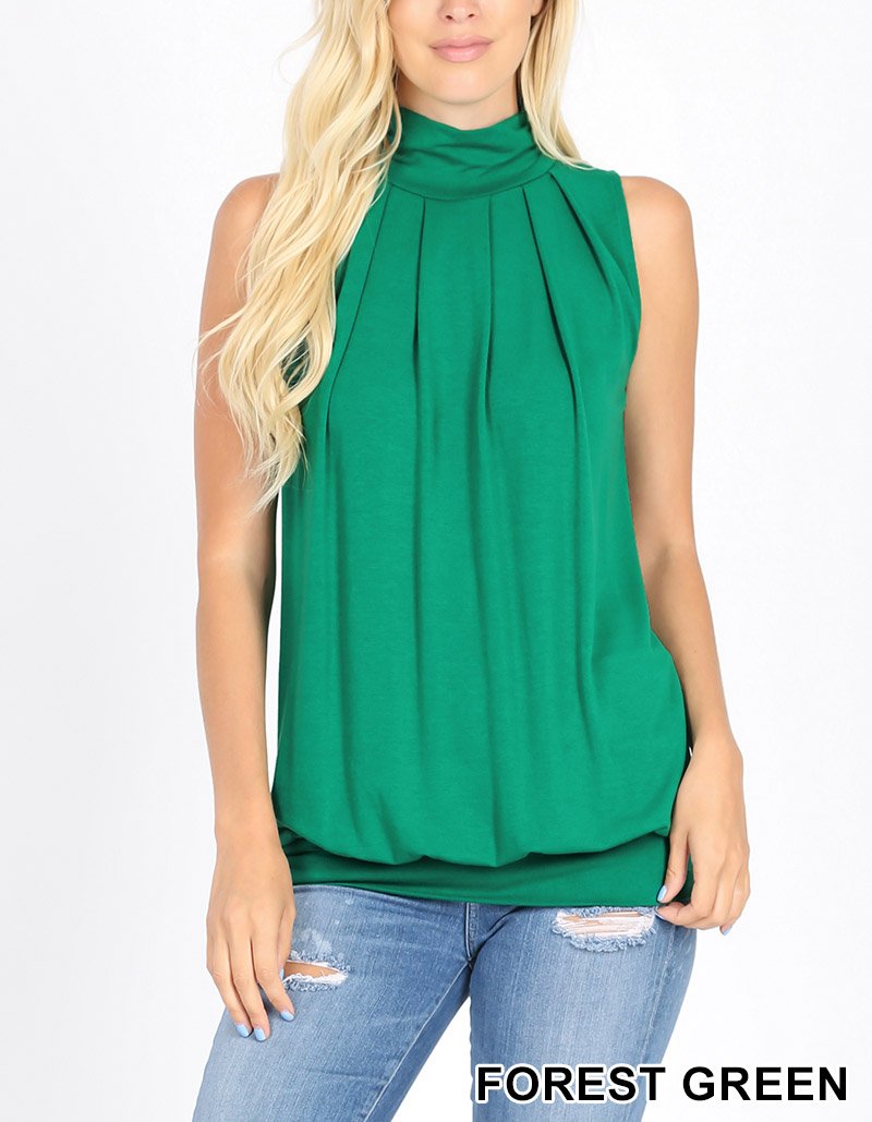 High Neck Pleated Top With Waistband