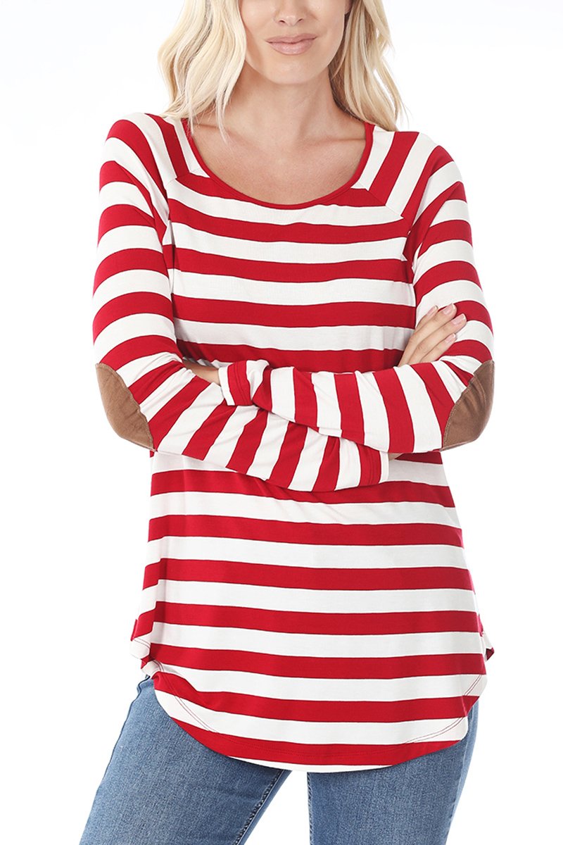 Long Sleeved Striped Elbow Suede Patch Tunic