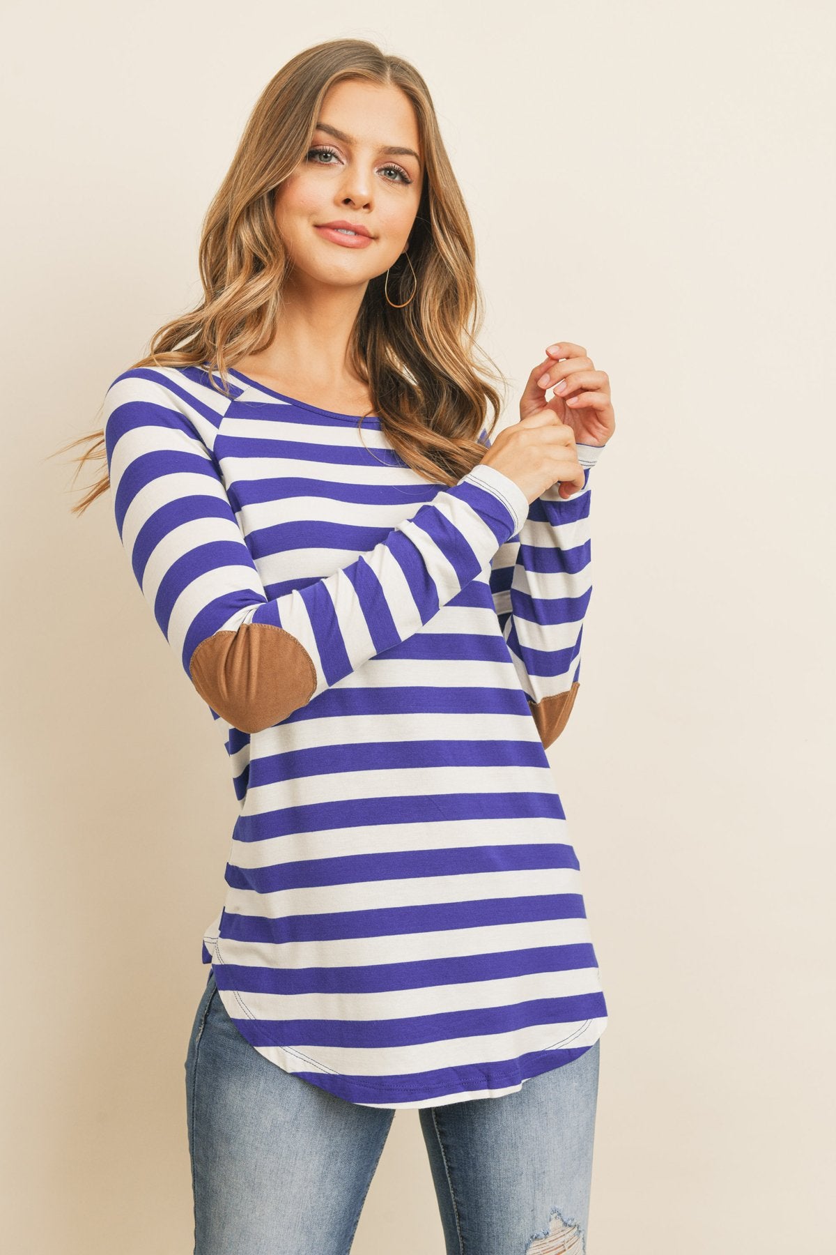 Long Sleeved Striped Elbow Suede Patch Tunic