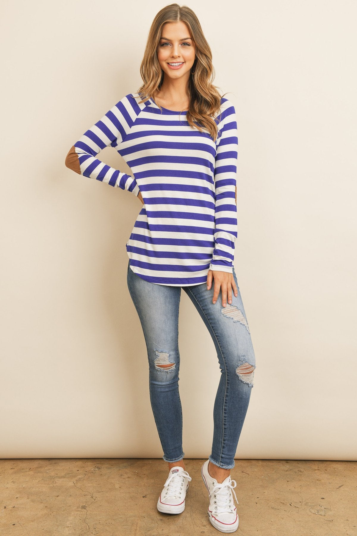 Long Sleeved Striped Elbow Suede Patch Tunic