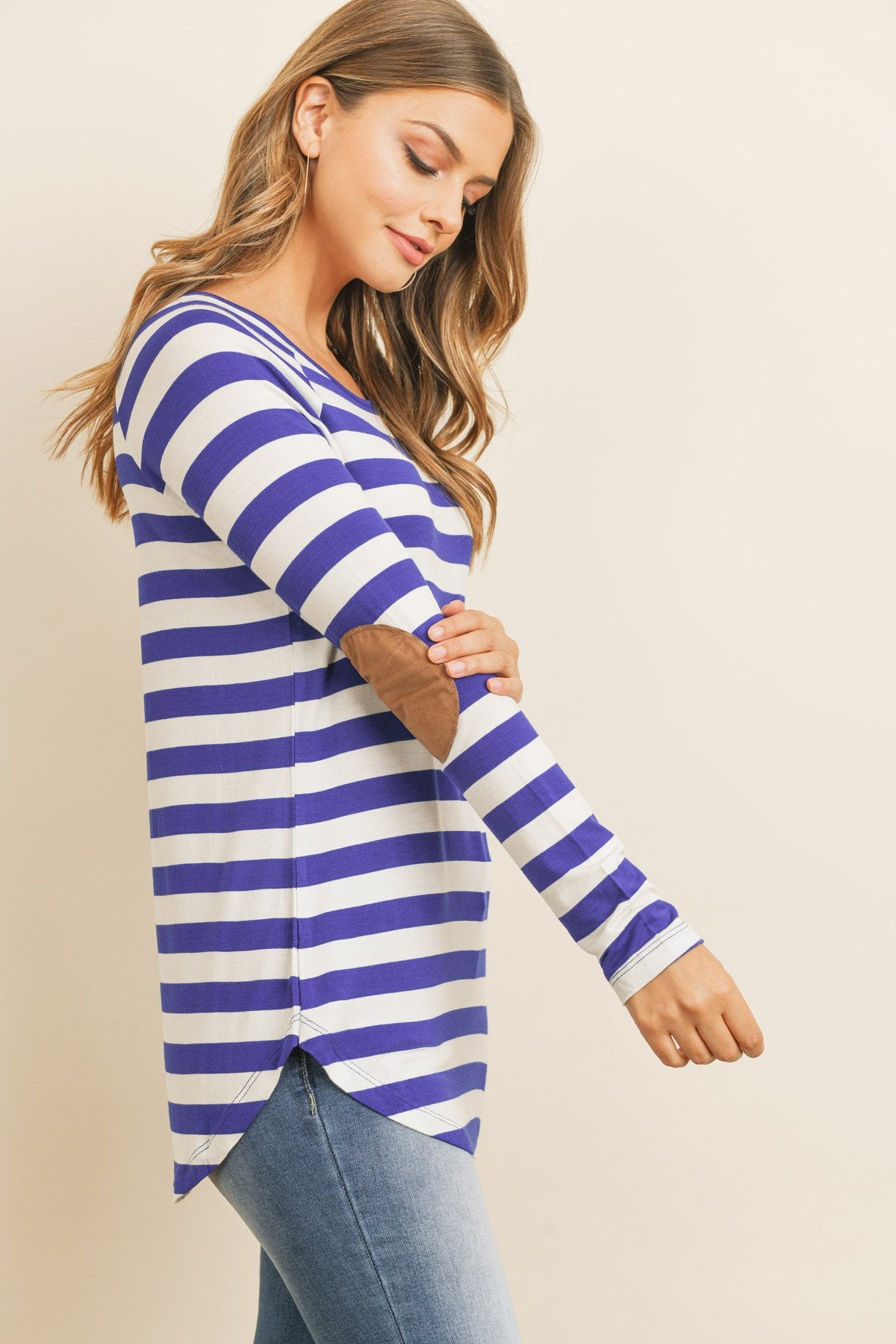 Long Sleeved Striped Elbow Suede Patch Tunic