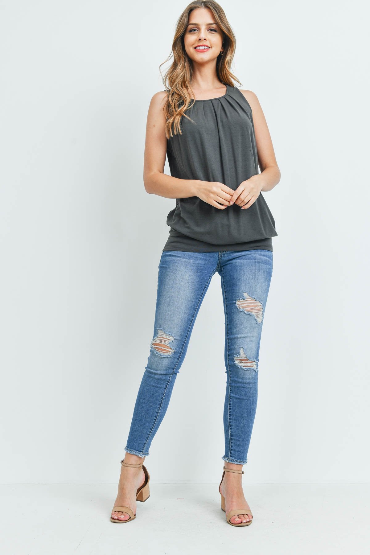Sleeveless Pleated Top With Waistband