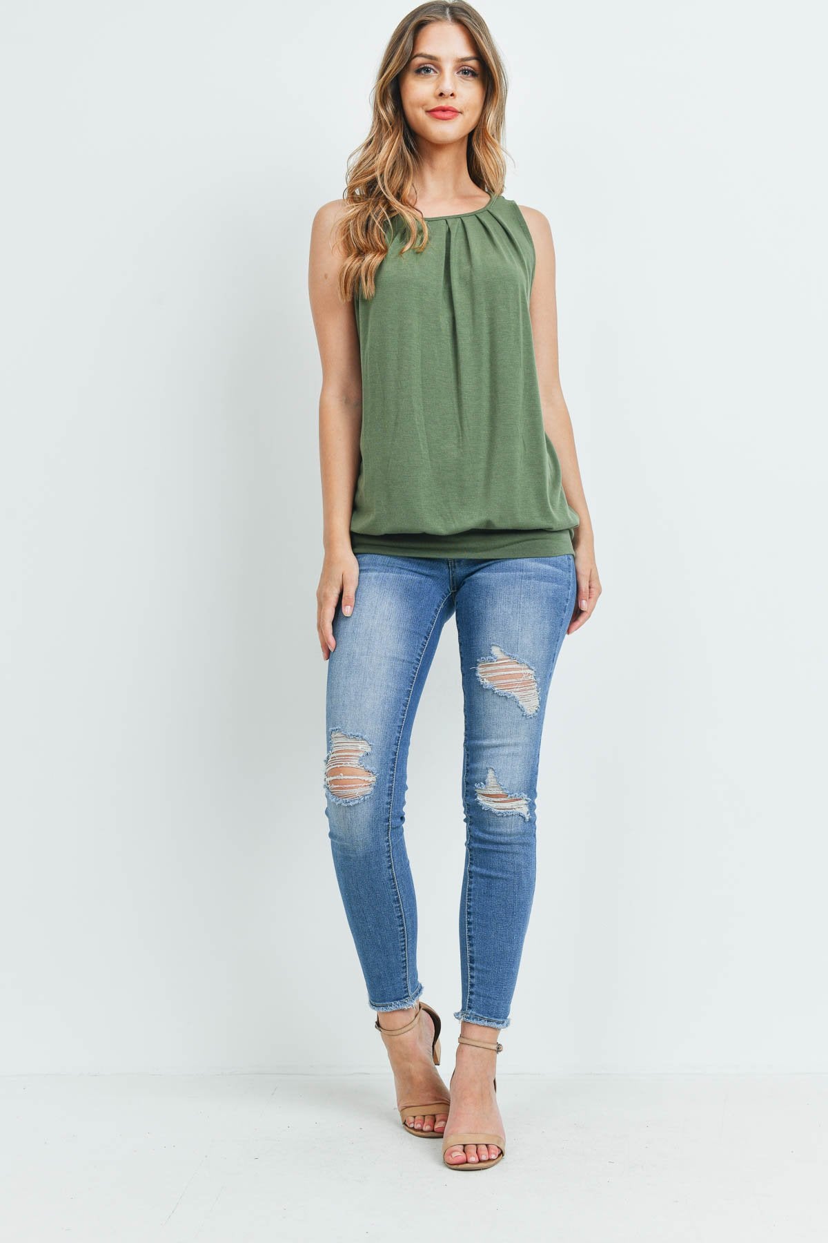 Sleeveless Pleated Top With Waistband
